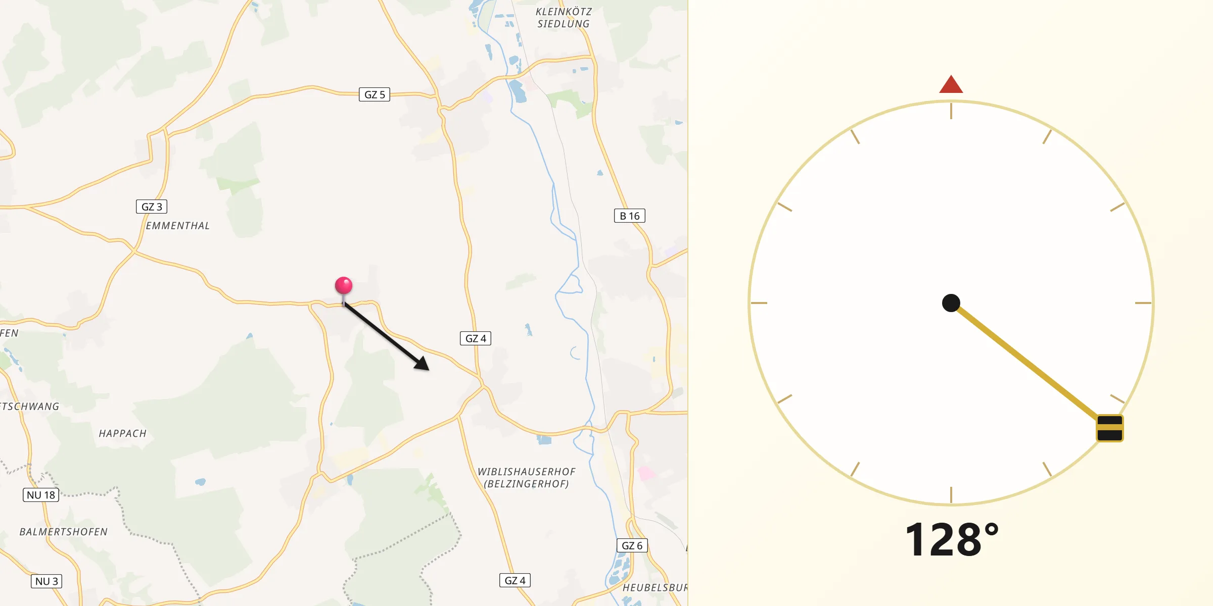 Qibla-Richtung von Rieden an der Kötz