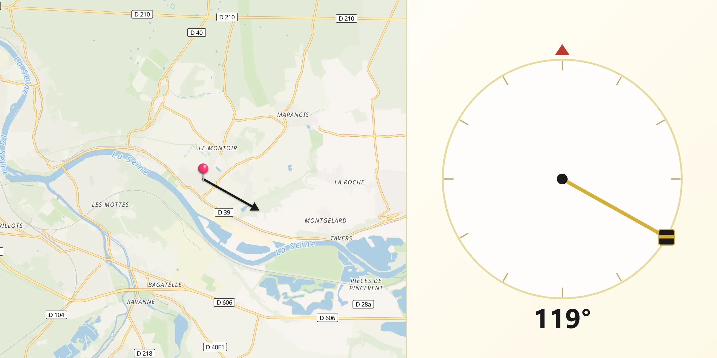 Direction vers la Qibla depuis Vernou-la-Celle-sur-Seine