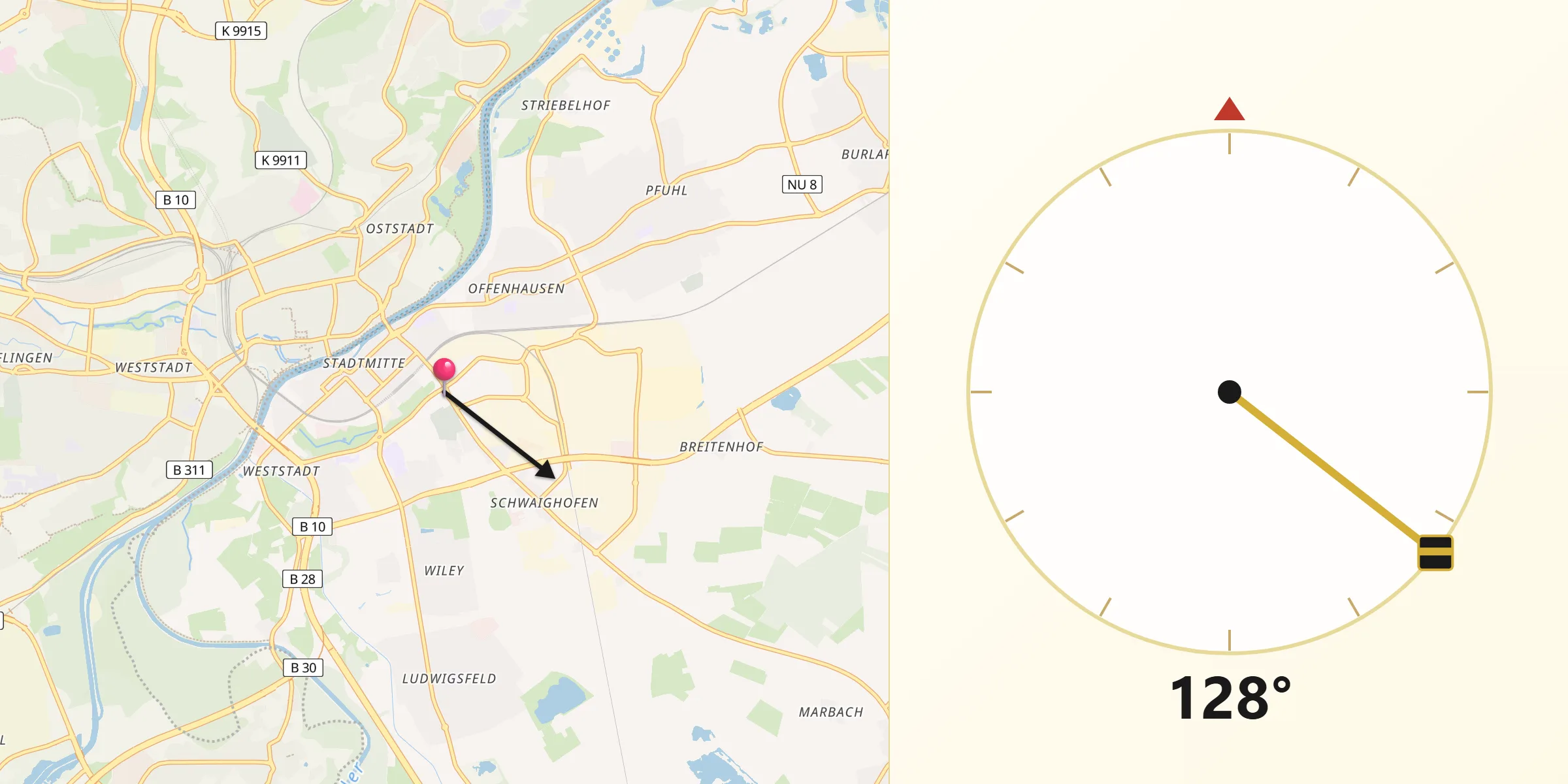 Qibla-Richtung von Neu-Ulm