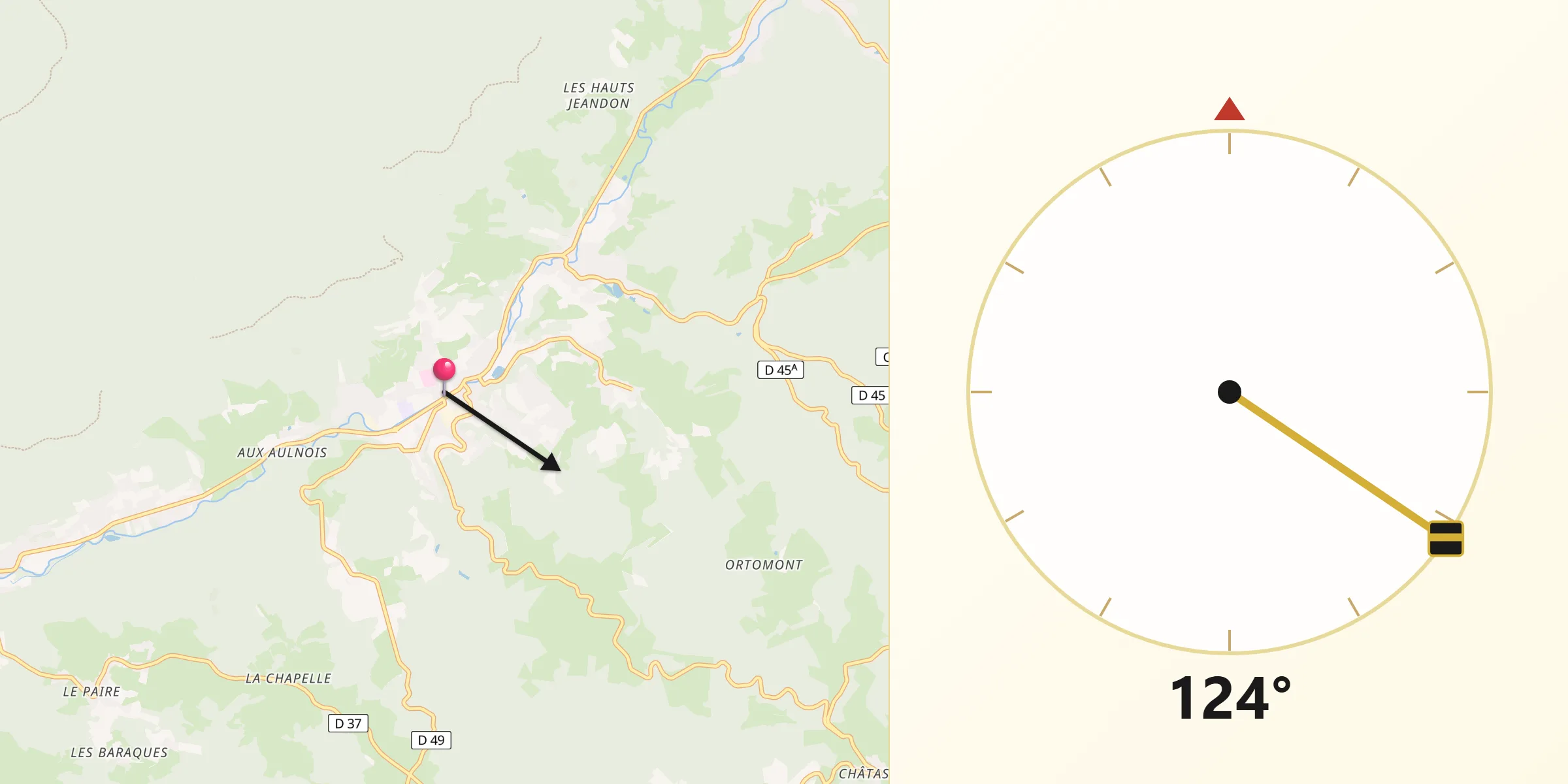 Direction vers la Qibla depuis Senones