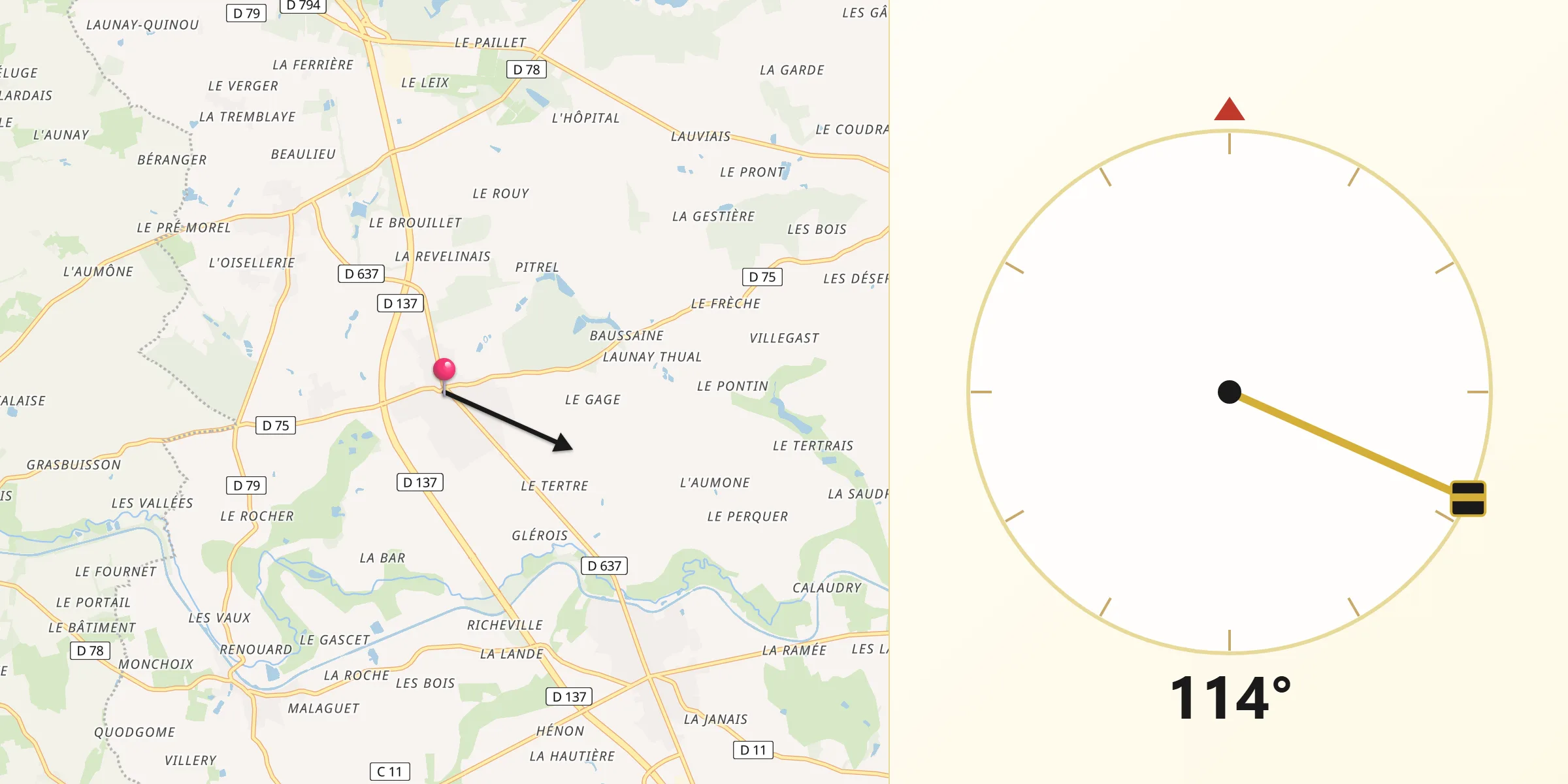 Direction vers la Qibla depuis Pleugueneuc