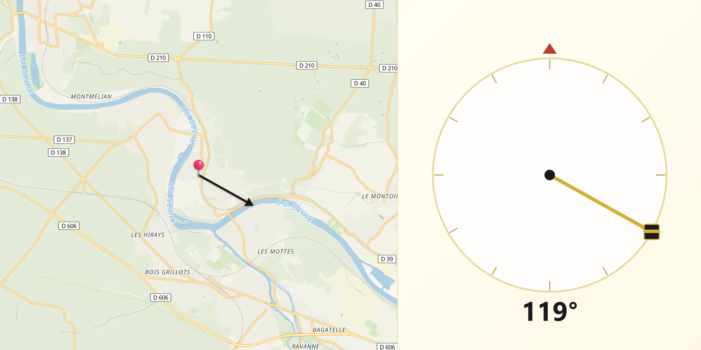 Direction vers la Qibla depuis Champagne-sur-Seine