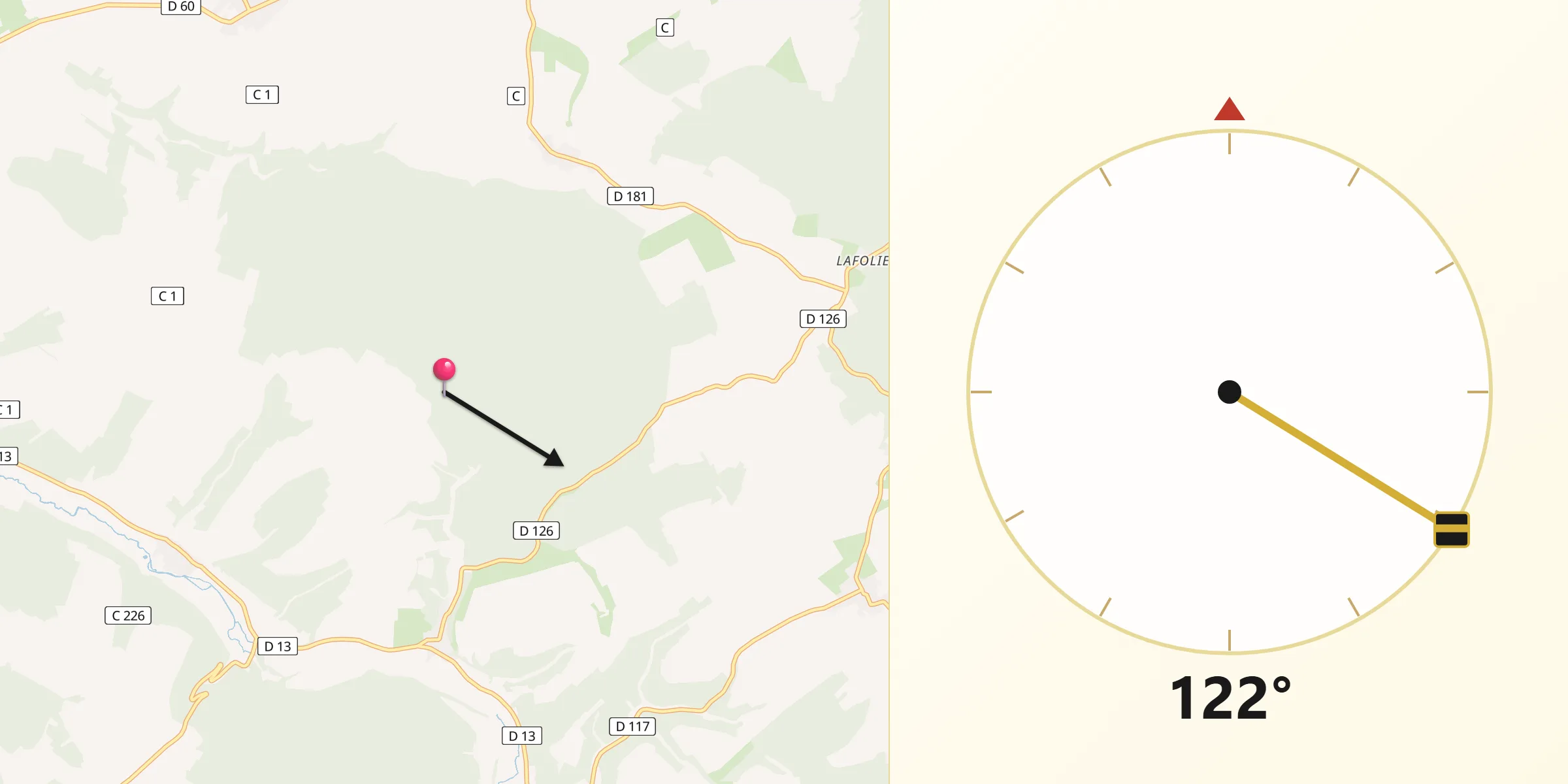Direction vers la Qibla depuis Ferrière-et-Lafolie