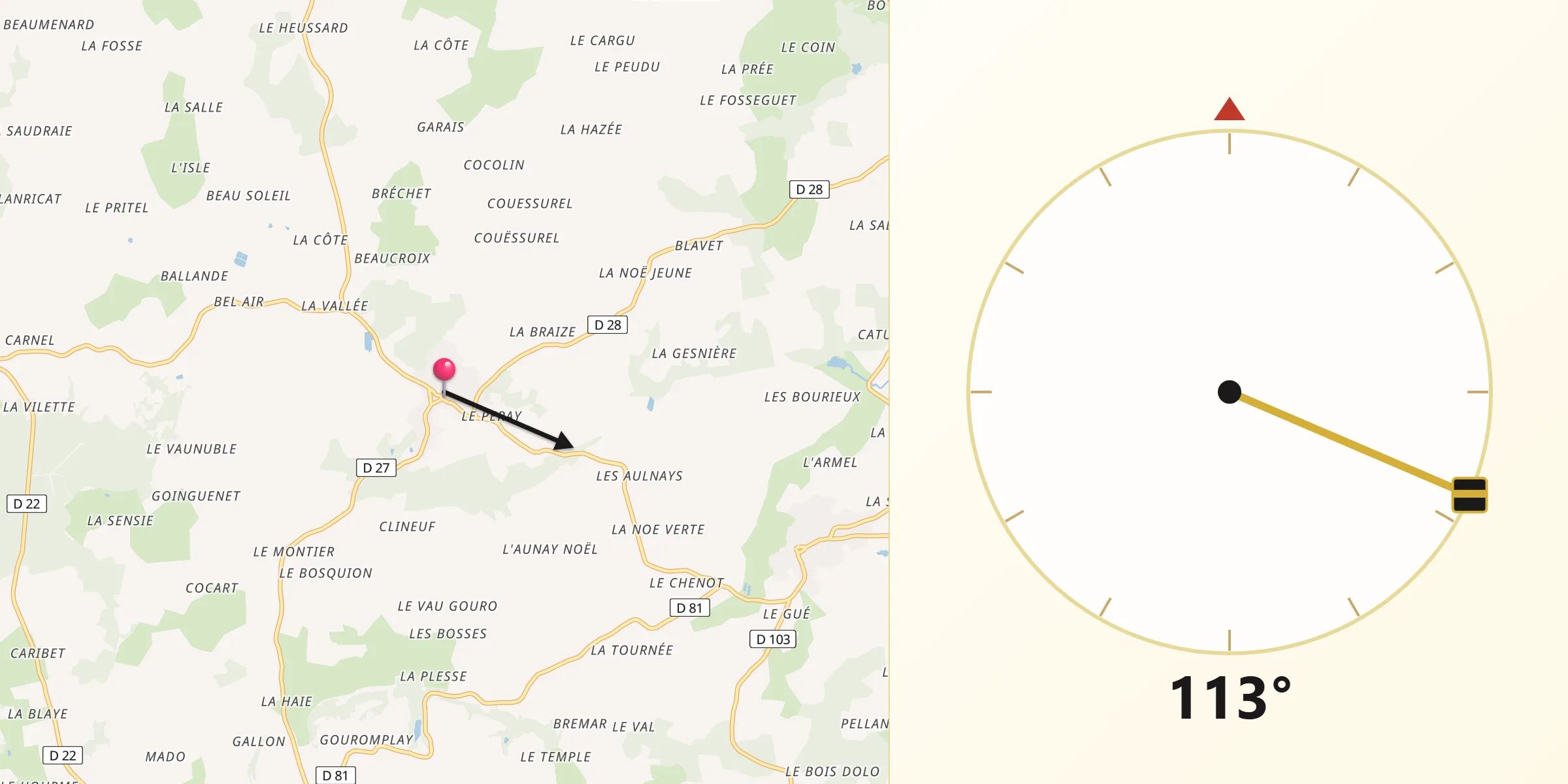 Direction vers la Qibla depuis Saint-Carreuc