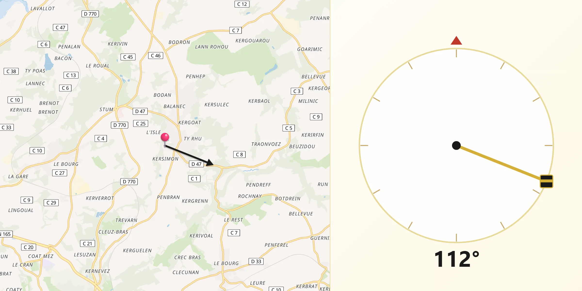Direction vers la Qibla depuis Saint-Urbain