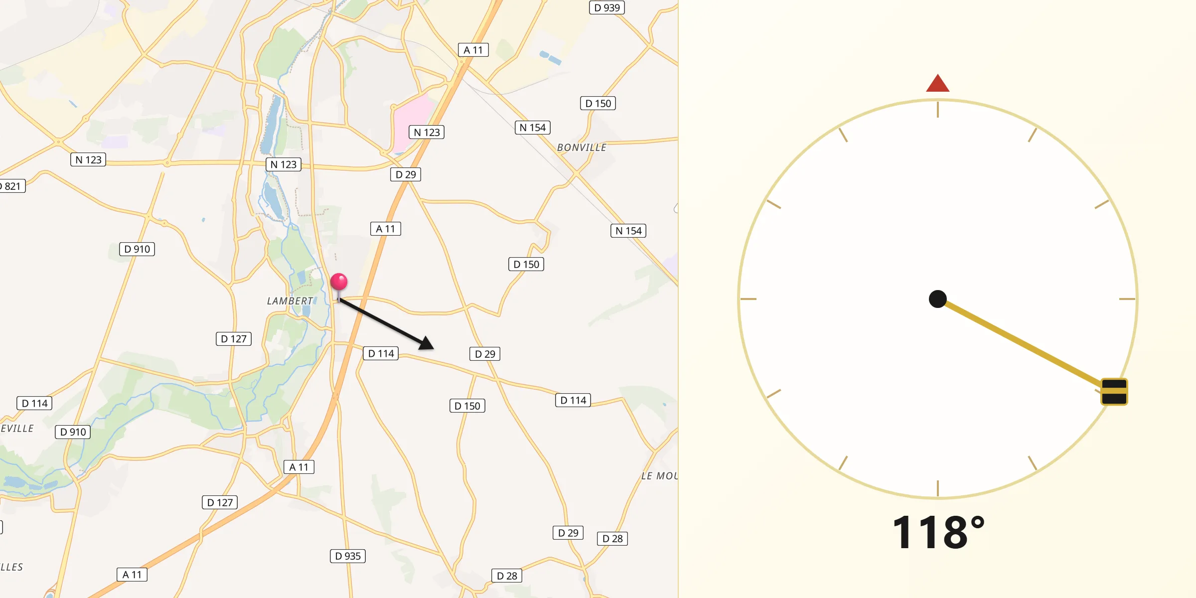 Direction vers la Qibla depuis Morancez