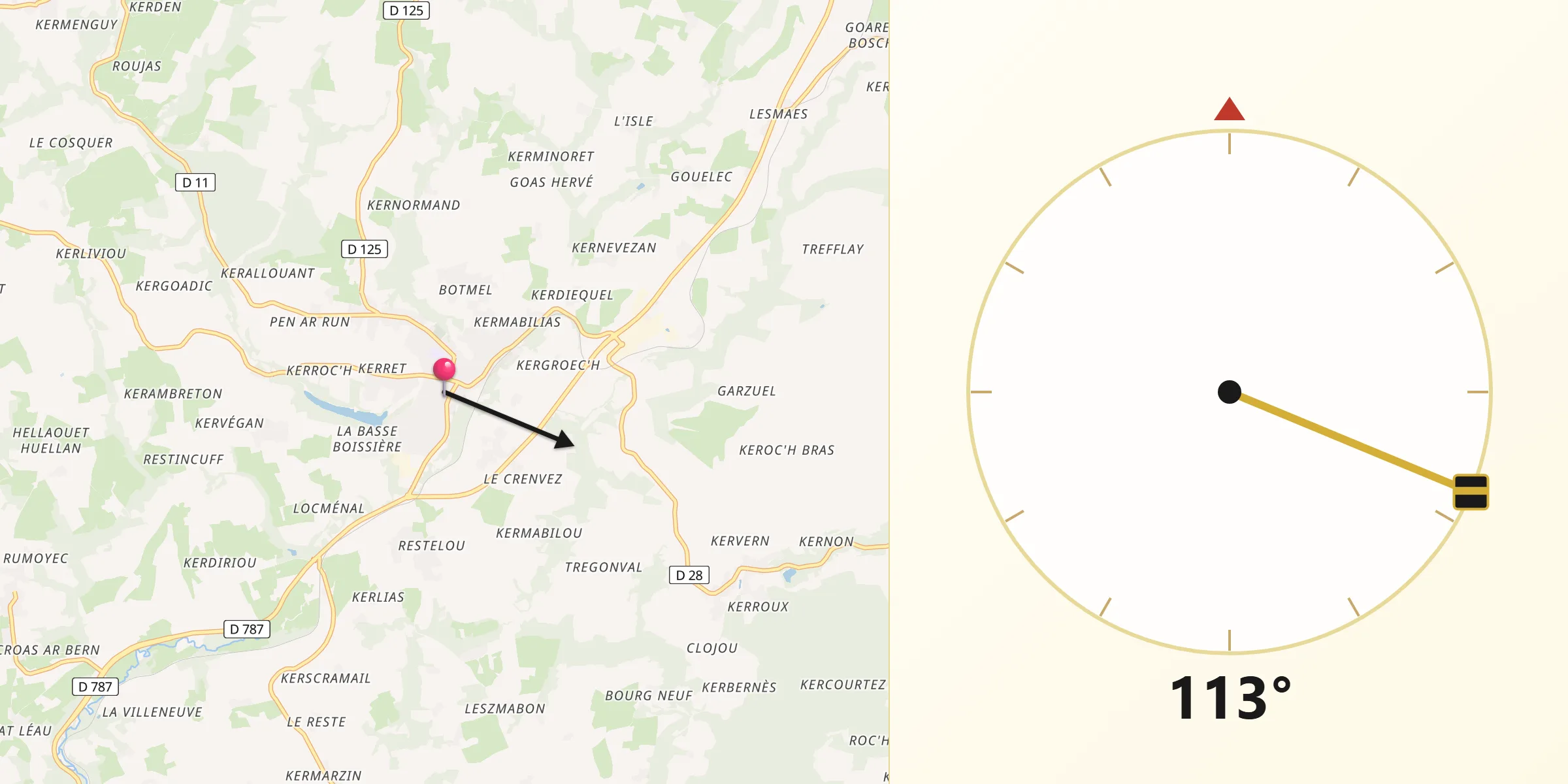 Direction vers la Qibla depuis Callac