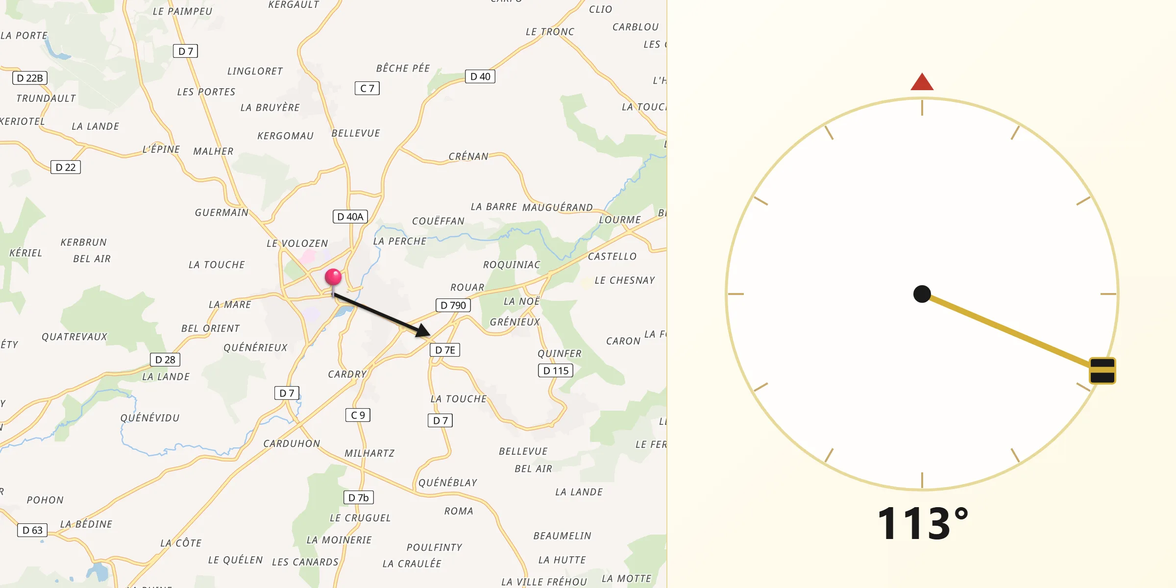 Direction vers la Qibla depuis Quintin