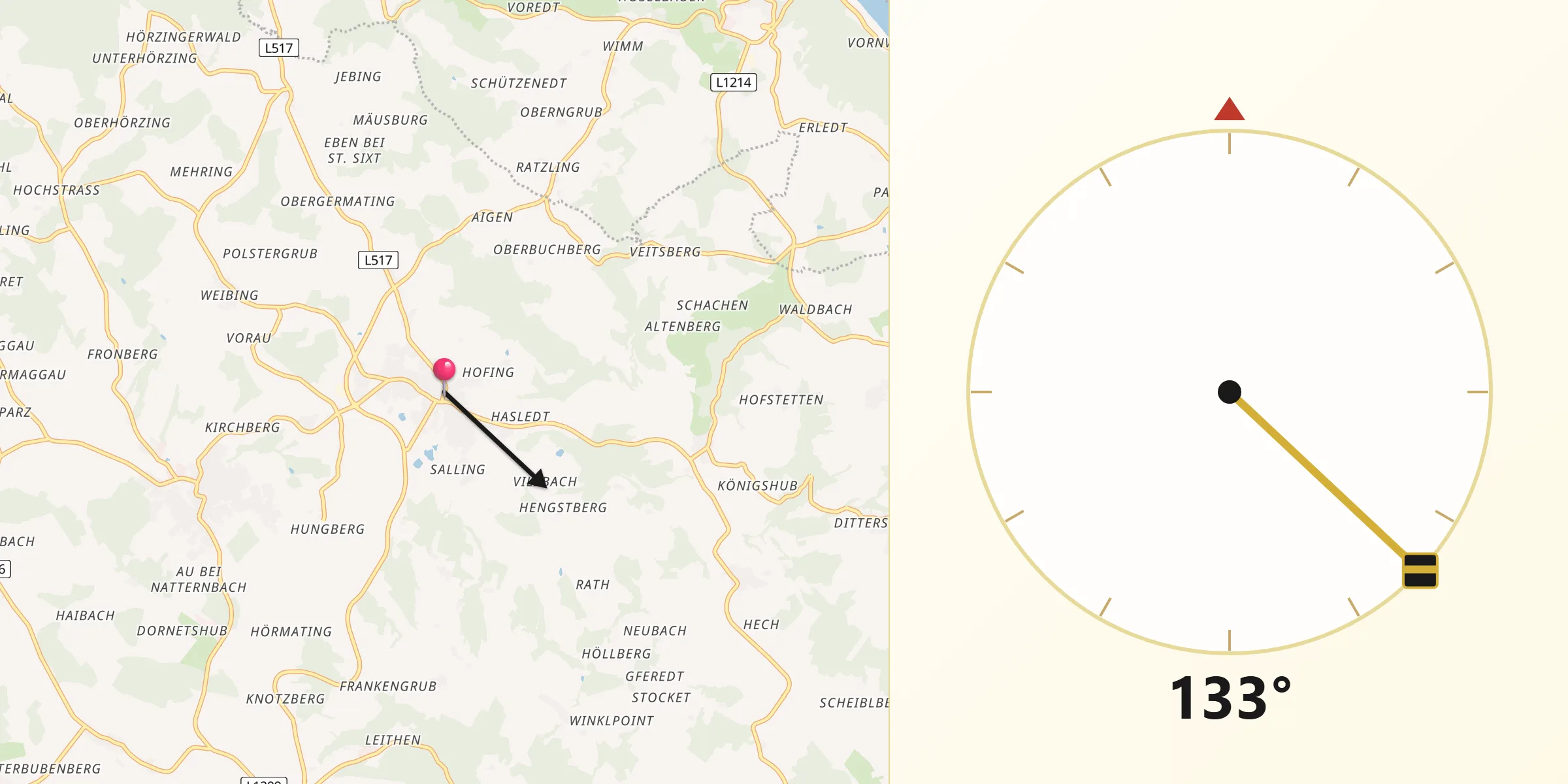Qibla-Richtung von Neukirchen am Walde