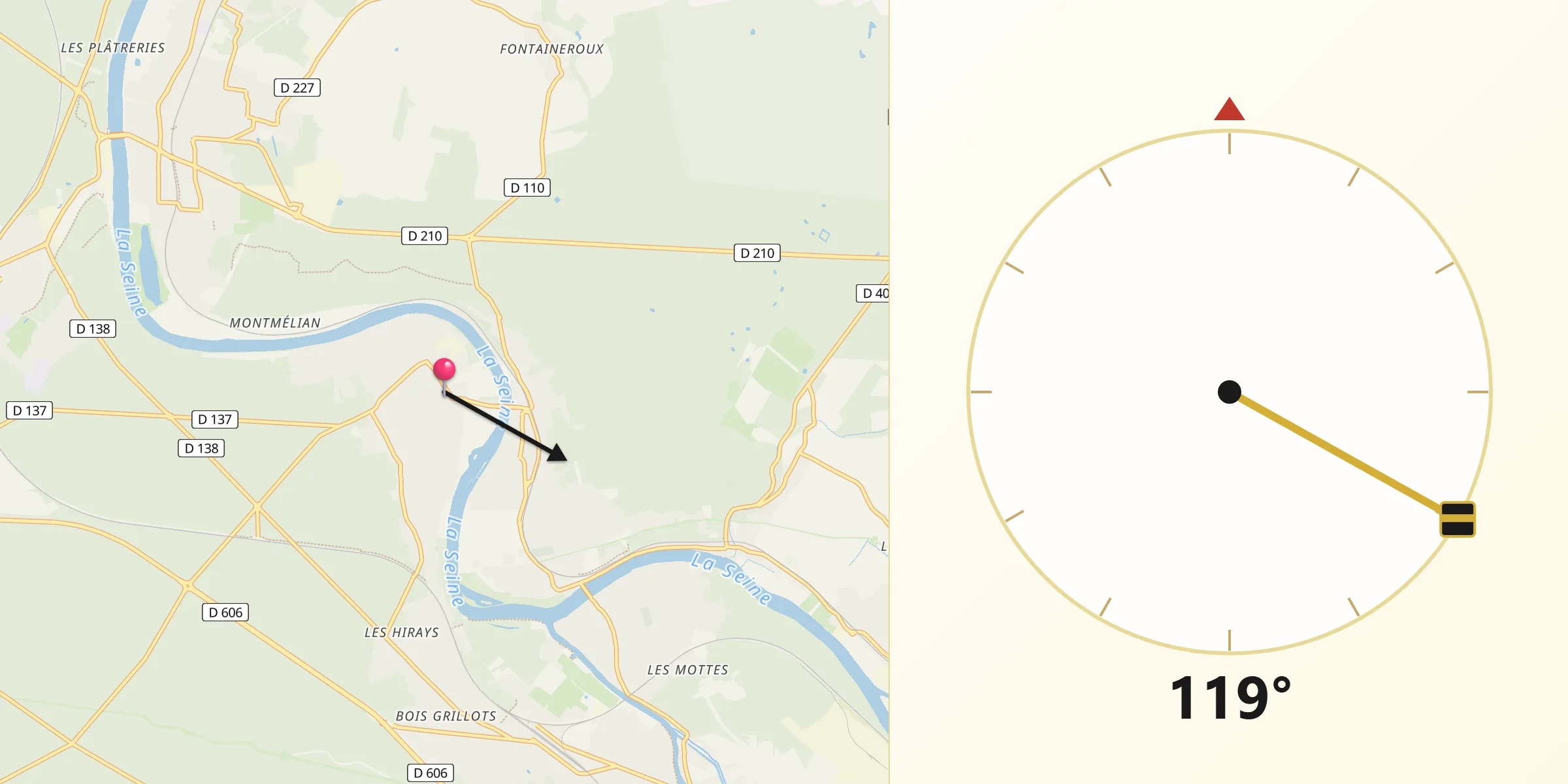 Direction vers la Qibla depuis Thomery