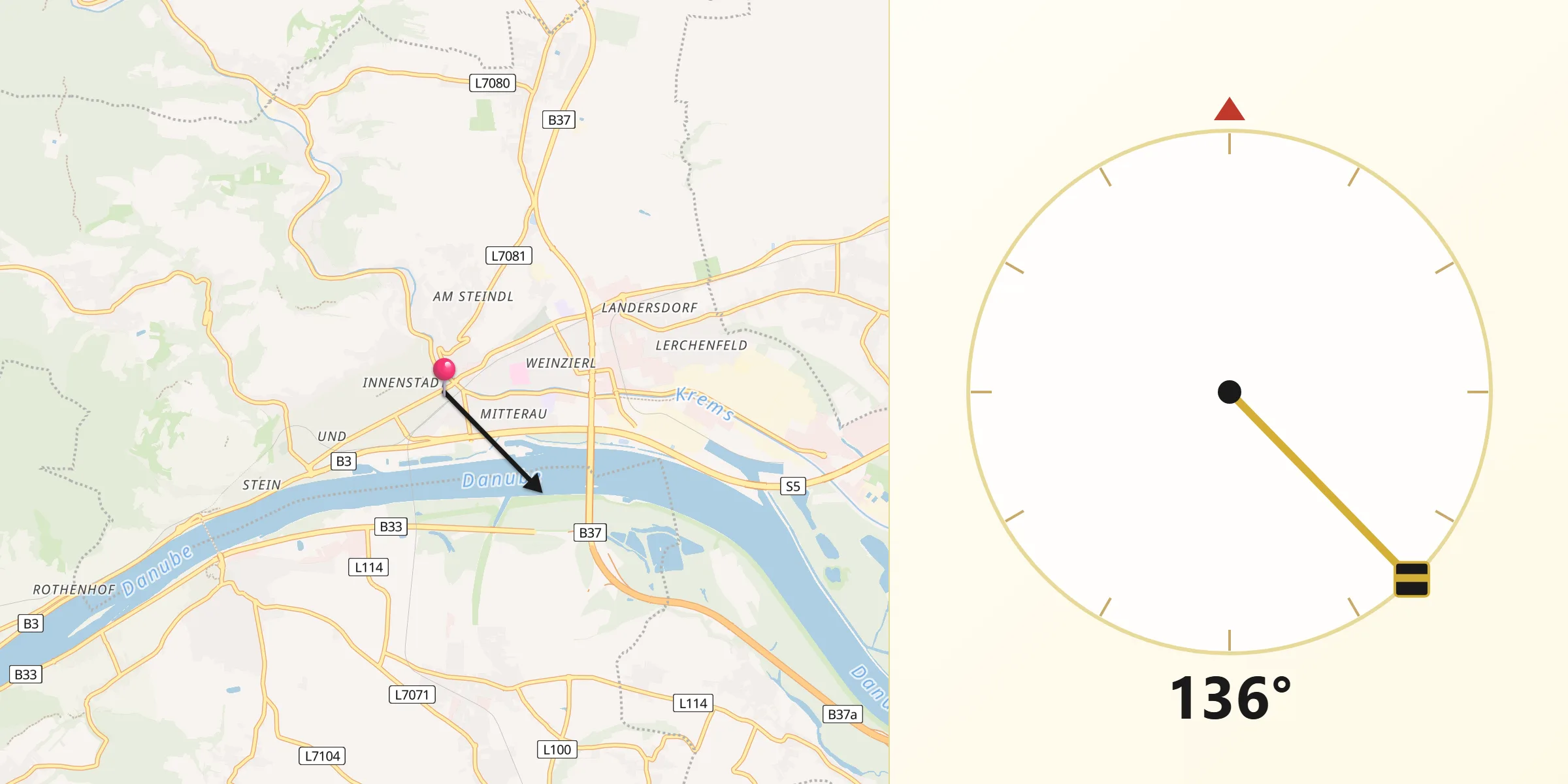 Qibla-Richtung von Krems an der Donau Stadt