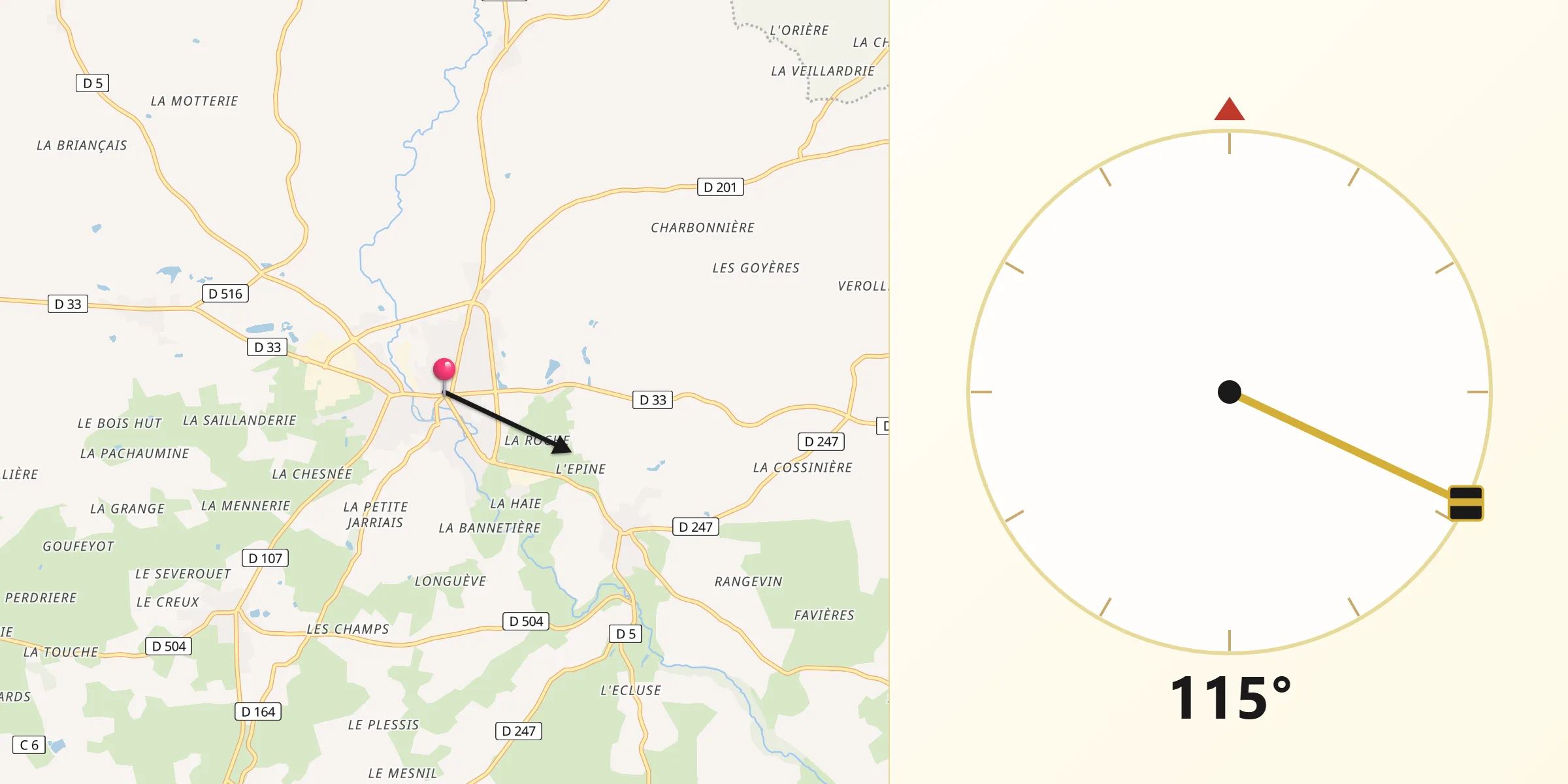 Direction vers la Qibla depuis Gorron