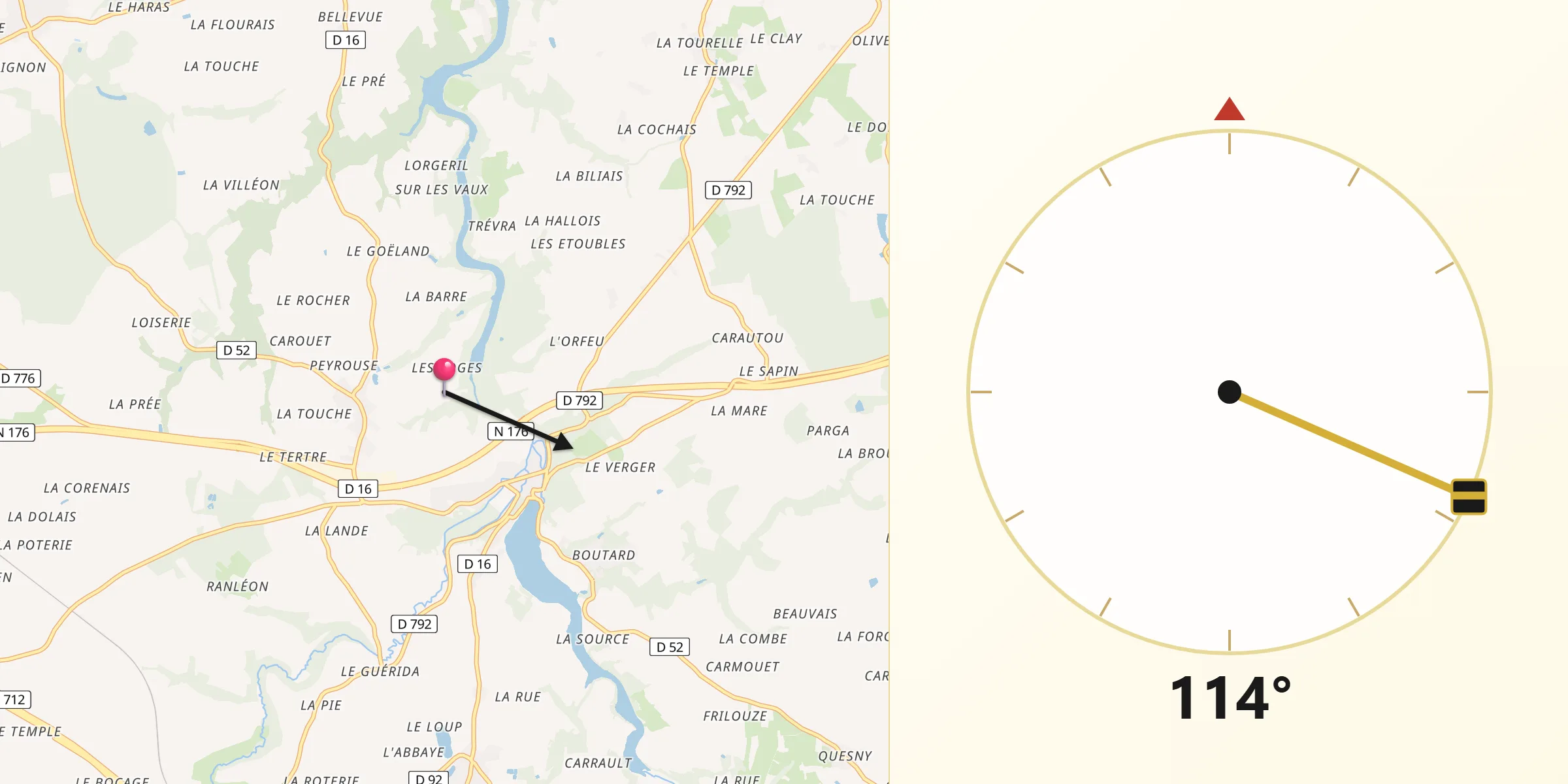 Direction vers la Qibla depuis Jugon-les-Lacs