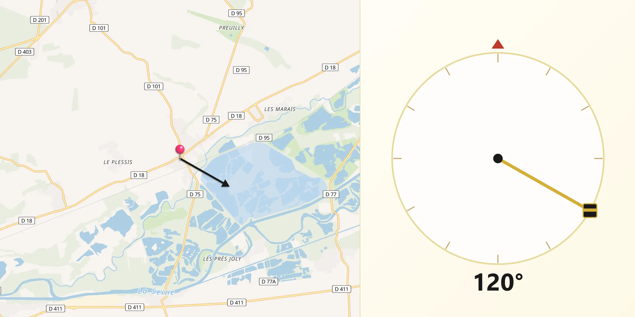 Direction vers la Qibla depuis Châtenay-sur-Seine