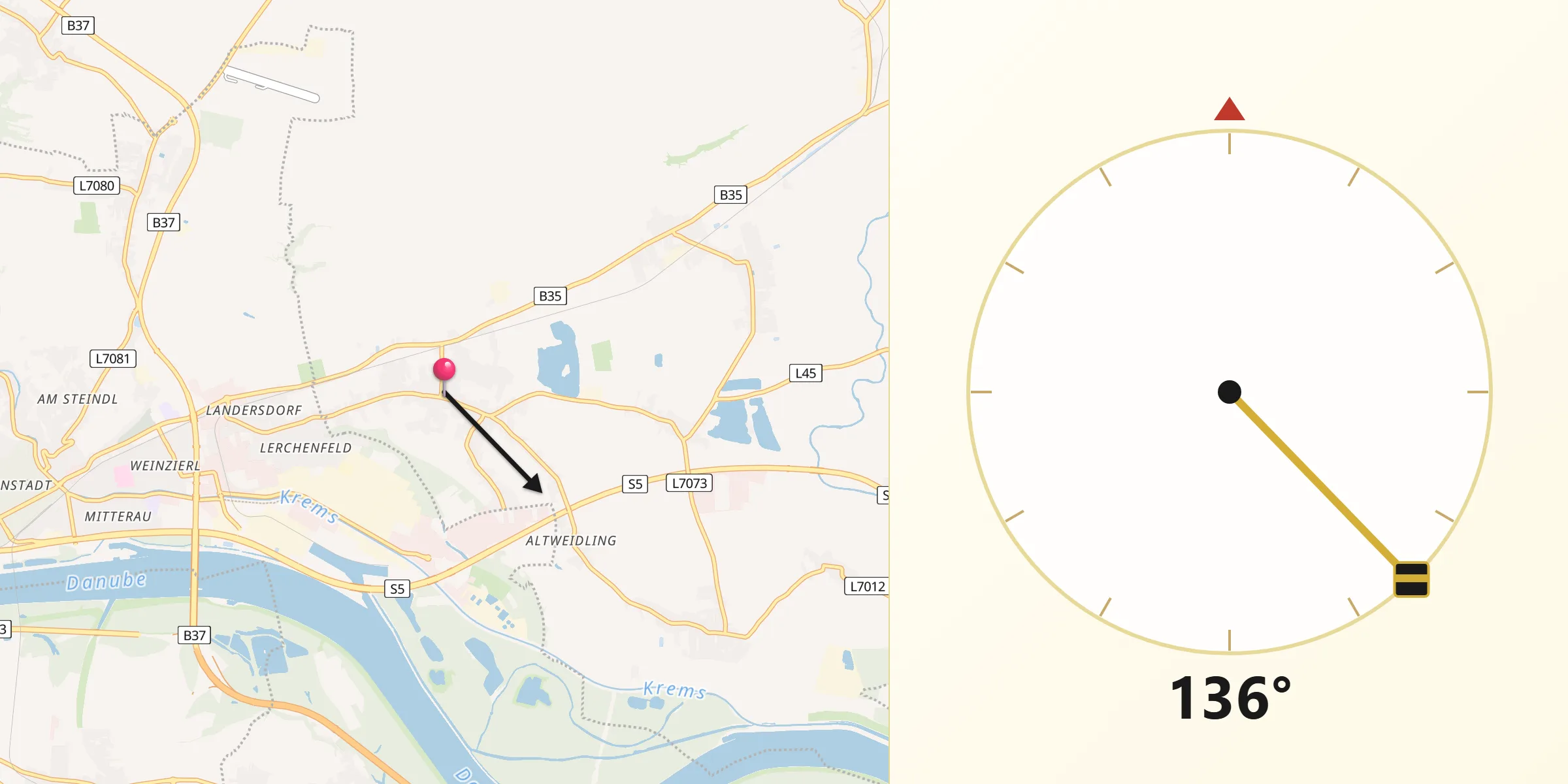 Qibla-Richtung von Rohrendorf bei Krems
