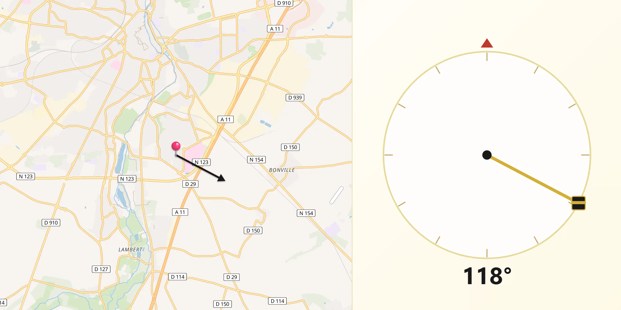Direction vers la Qibla depuis Le Coudray