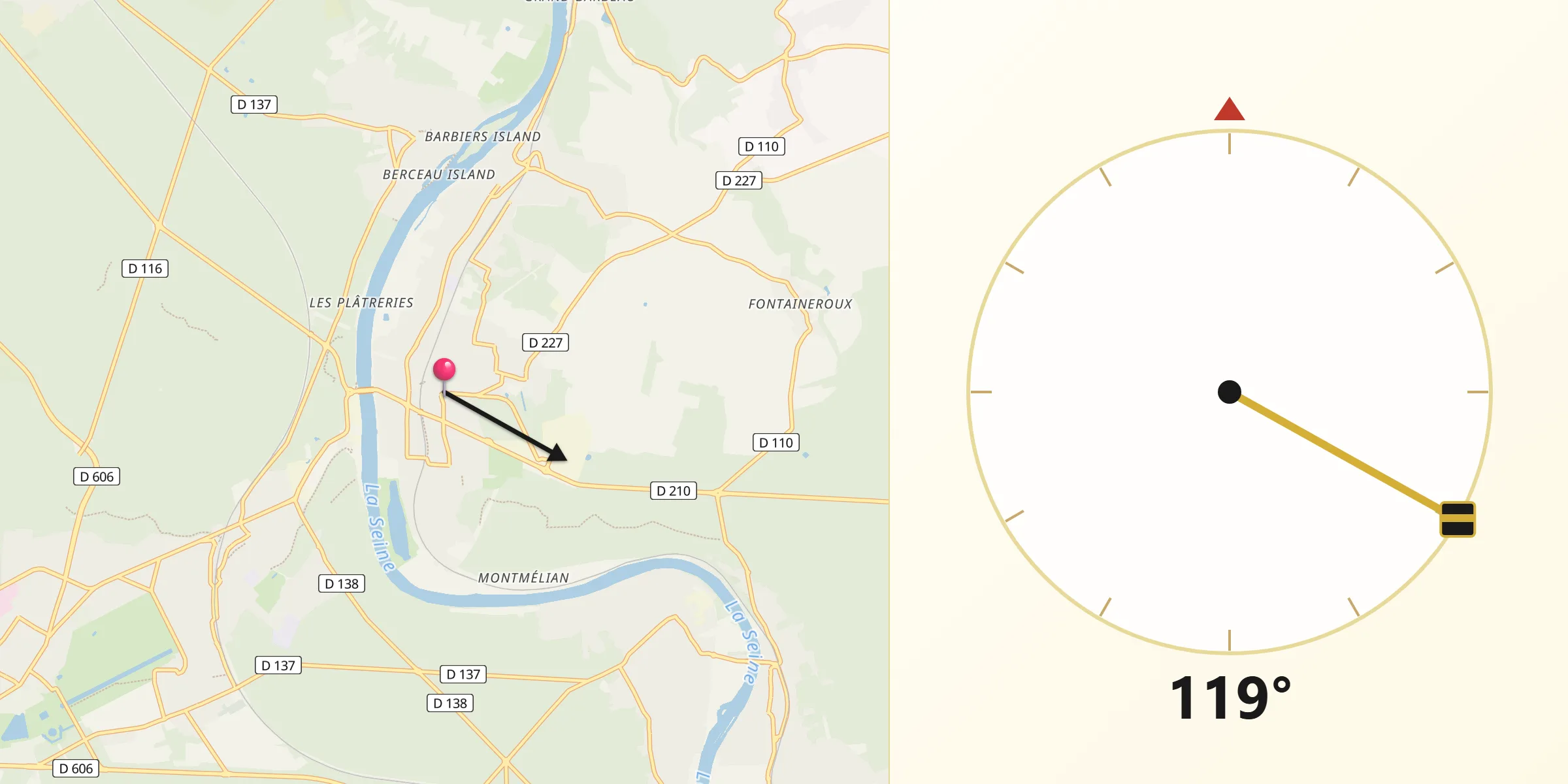 Direction vers la Qibla depuis Samoreau