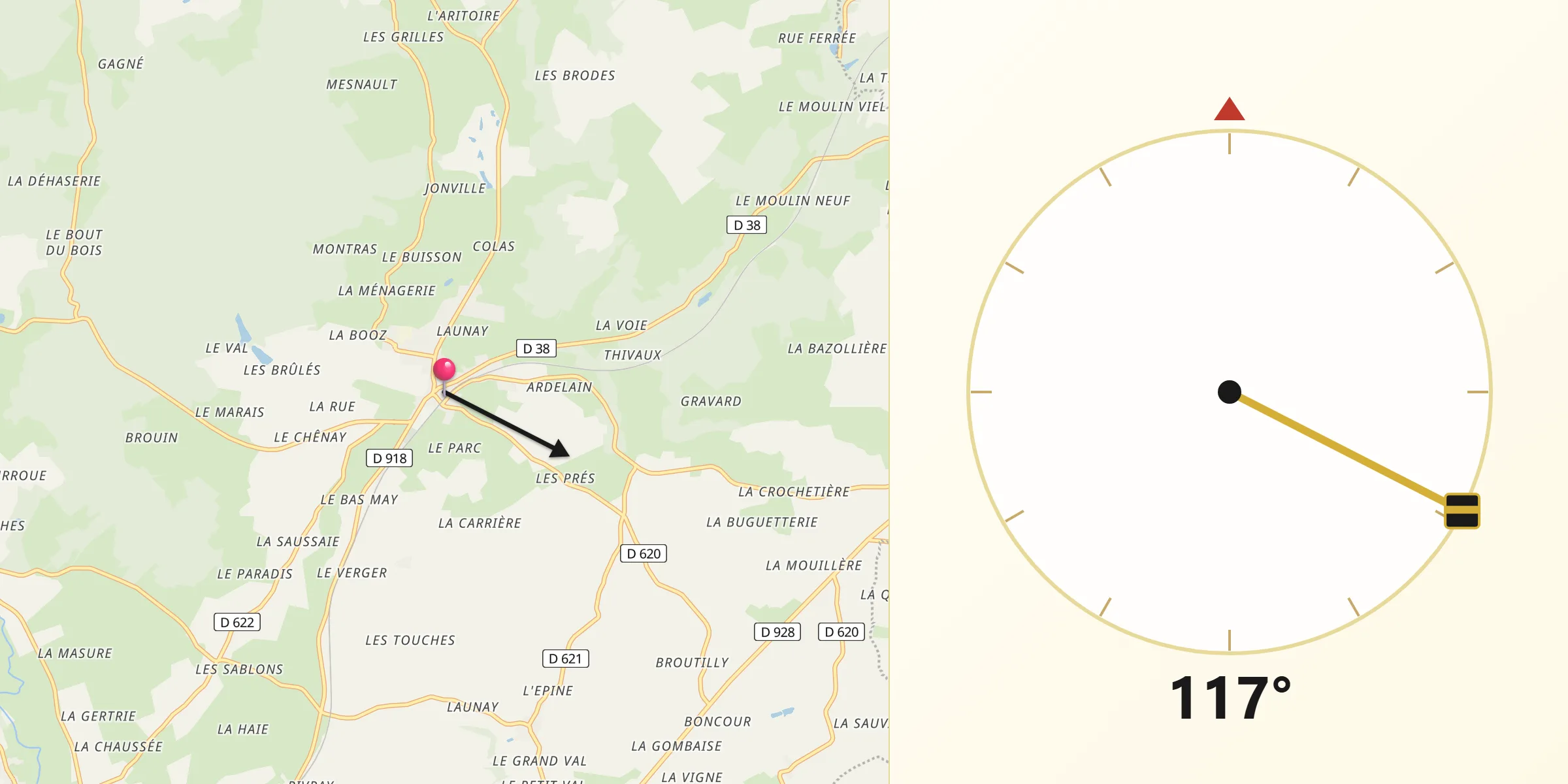 Direction vers la Qibla depuis Bretoncelles