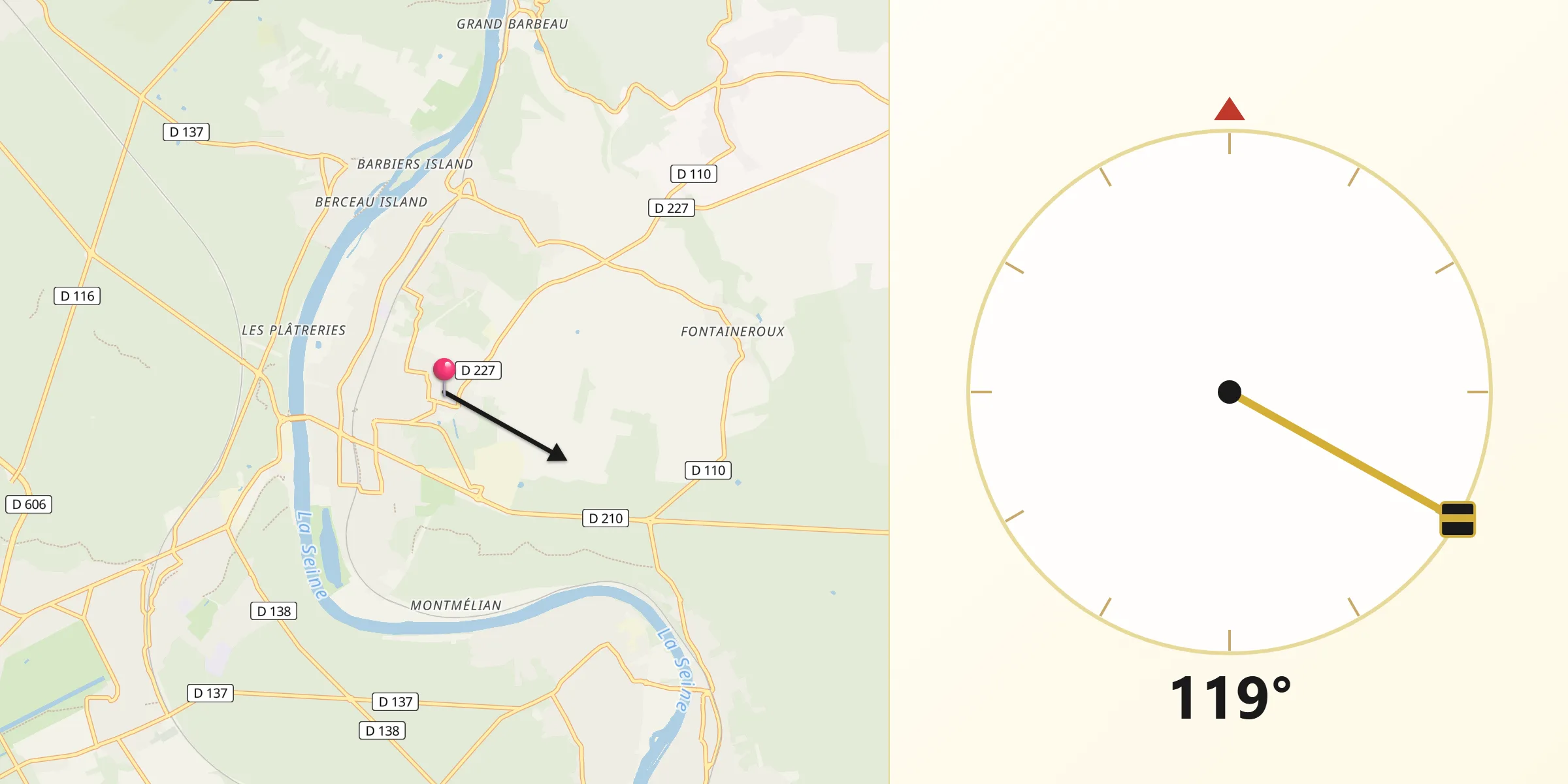 Direction vers la Qibla depuis Vulaines-sur-Seine