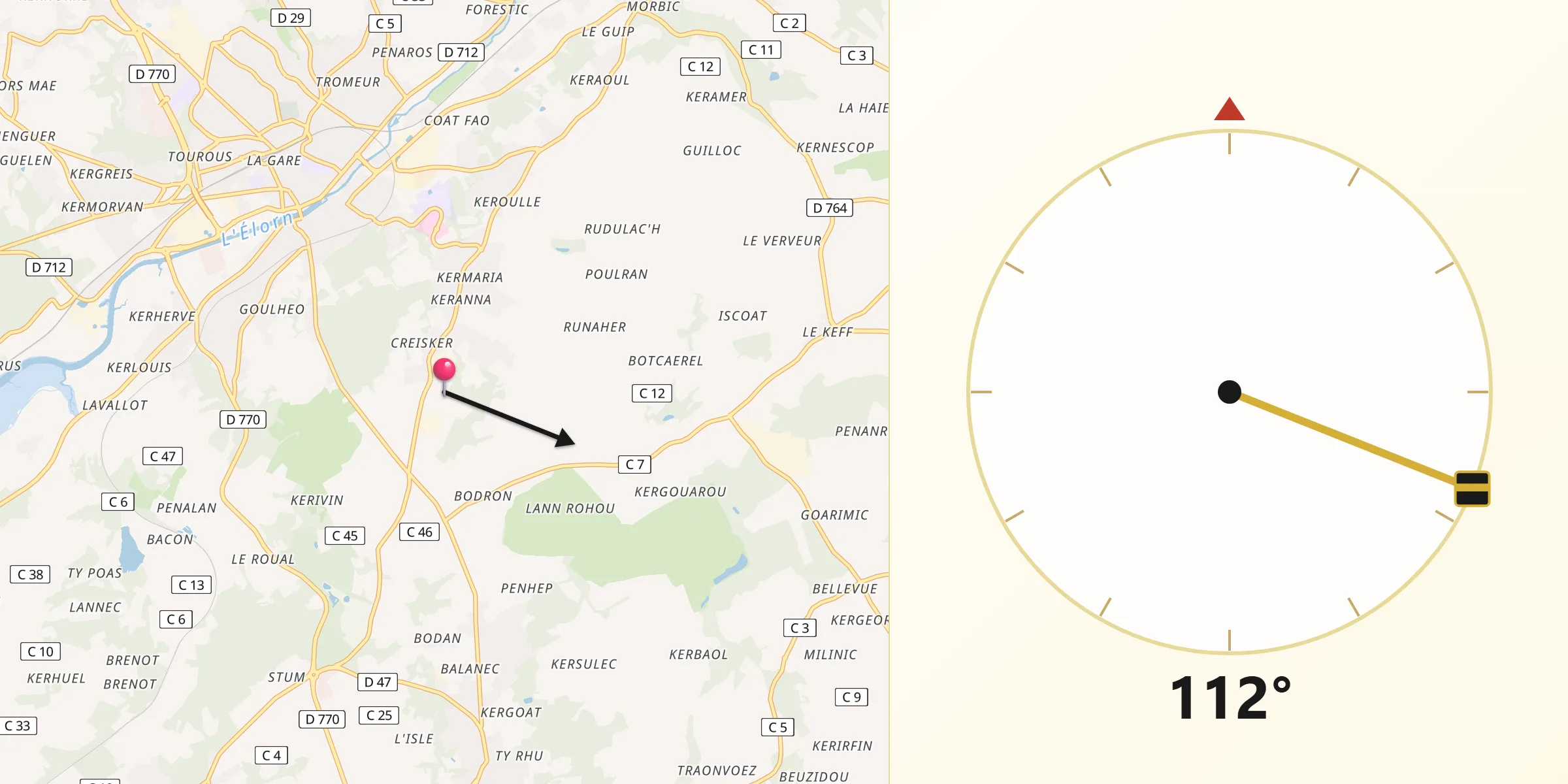 Direction vers la Qibla depuis Pencran