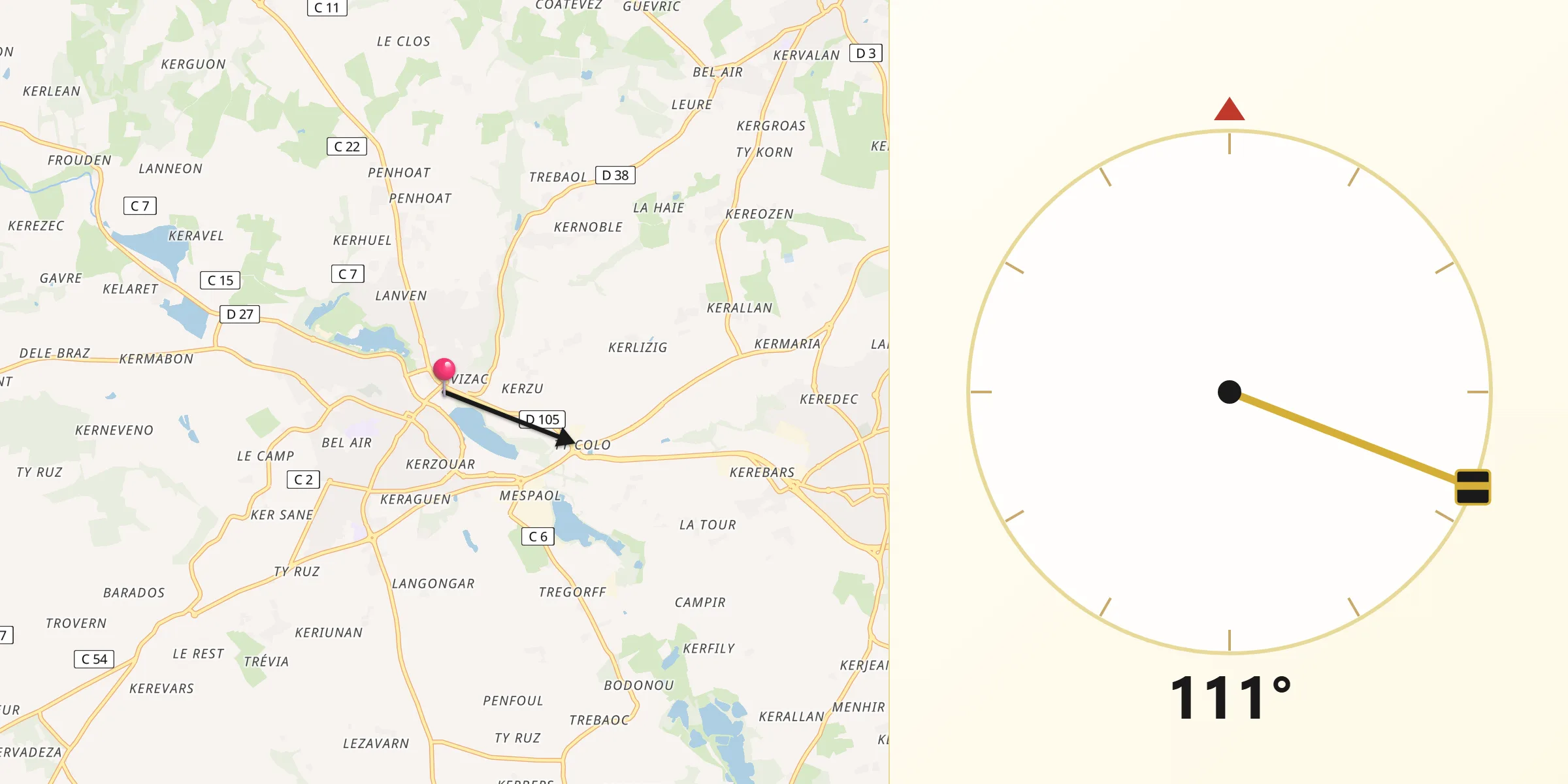Direction vers la Qibla depuis Saint-Renan