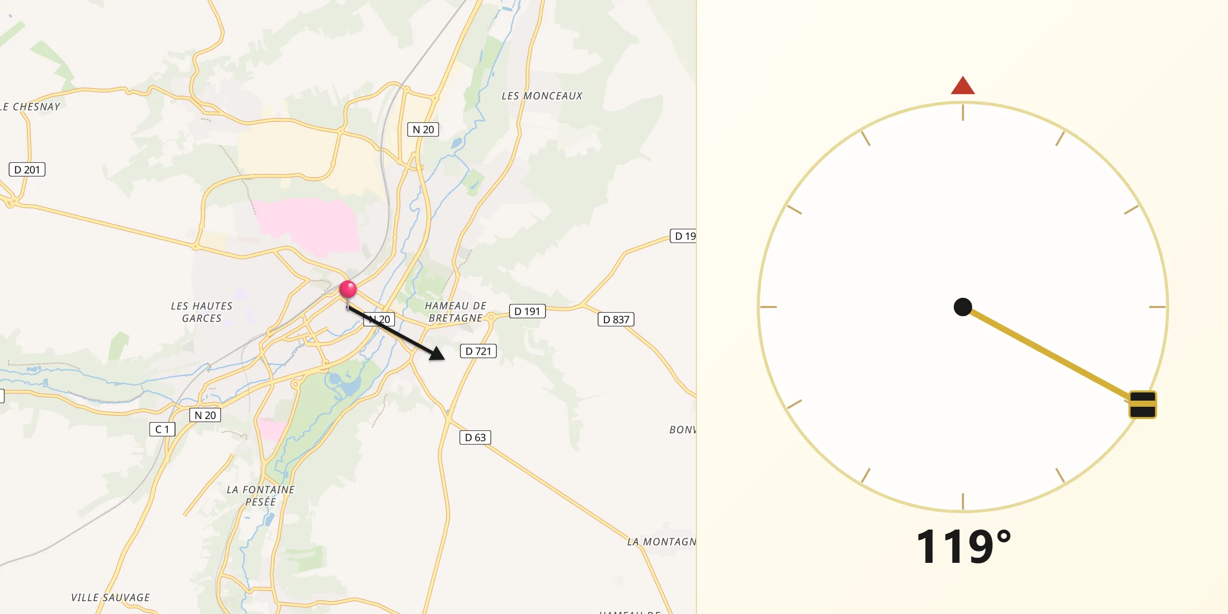 Direction vers la Qibla depuis Étampes