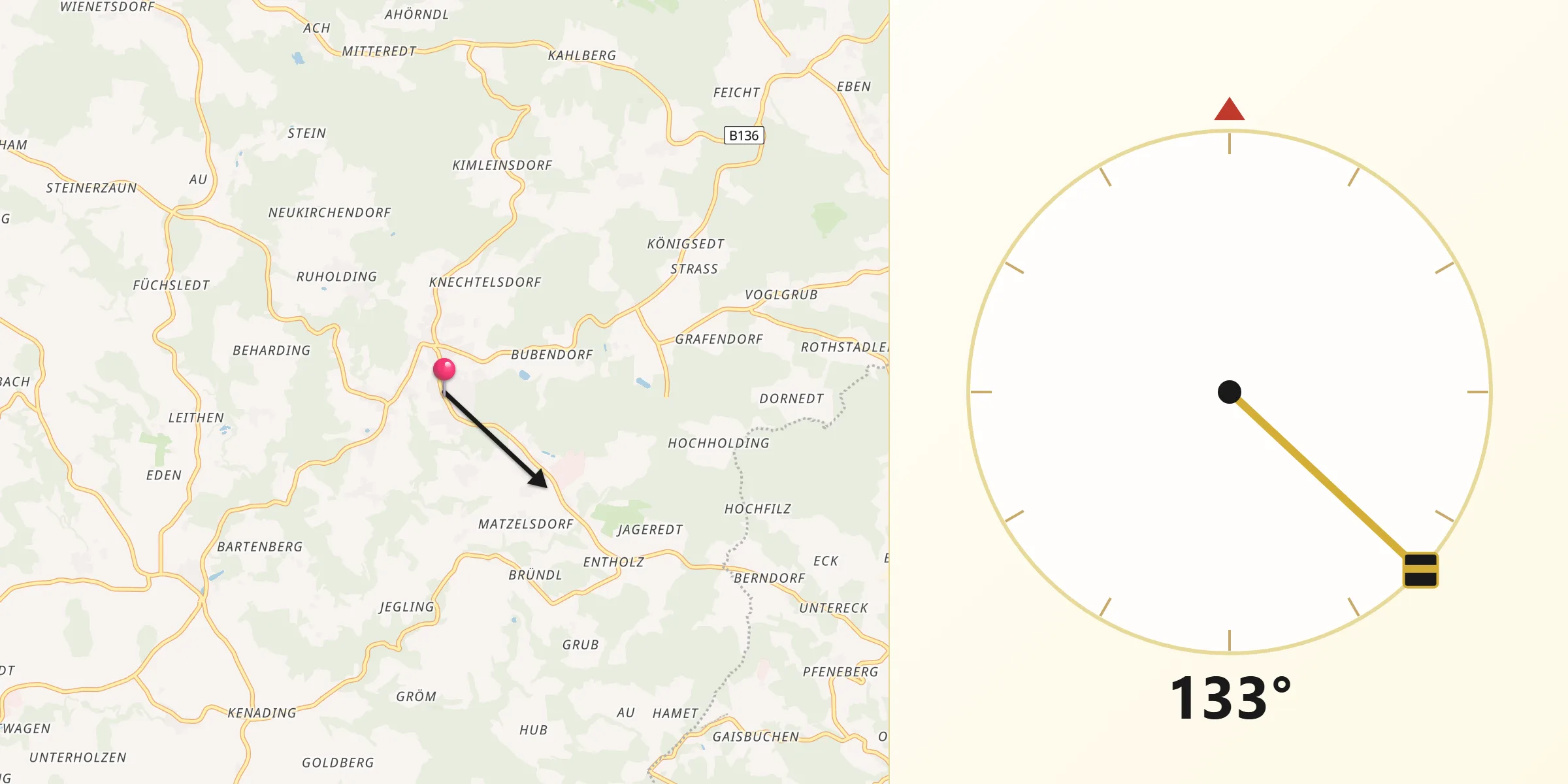 Qibla-Richtung von Kopfing im Innkreis