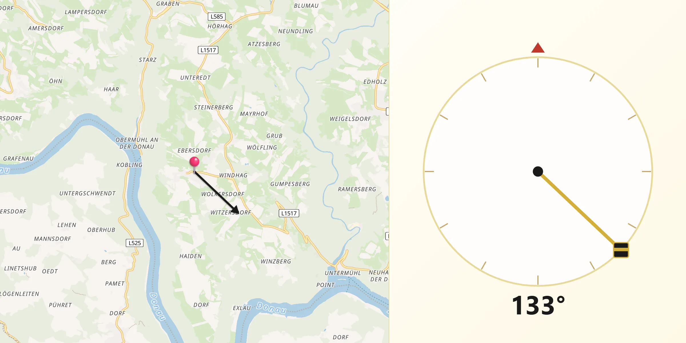 Qibla-Richtung von Kirchberg ob der Donau