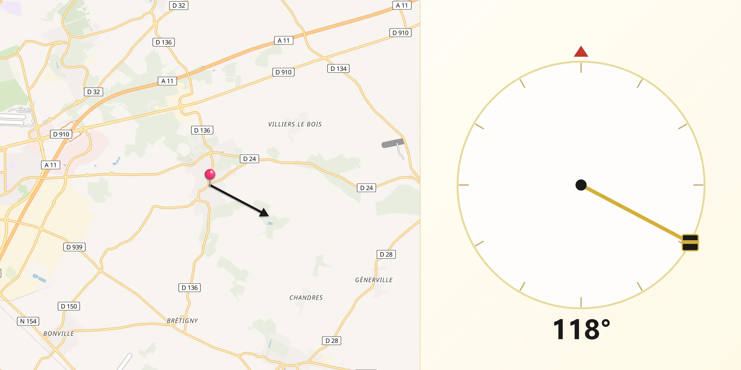Direction vers la Qibla depuis Nogent-le-Phaye