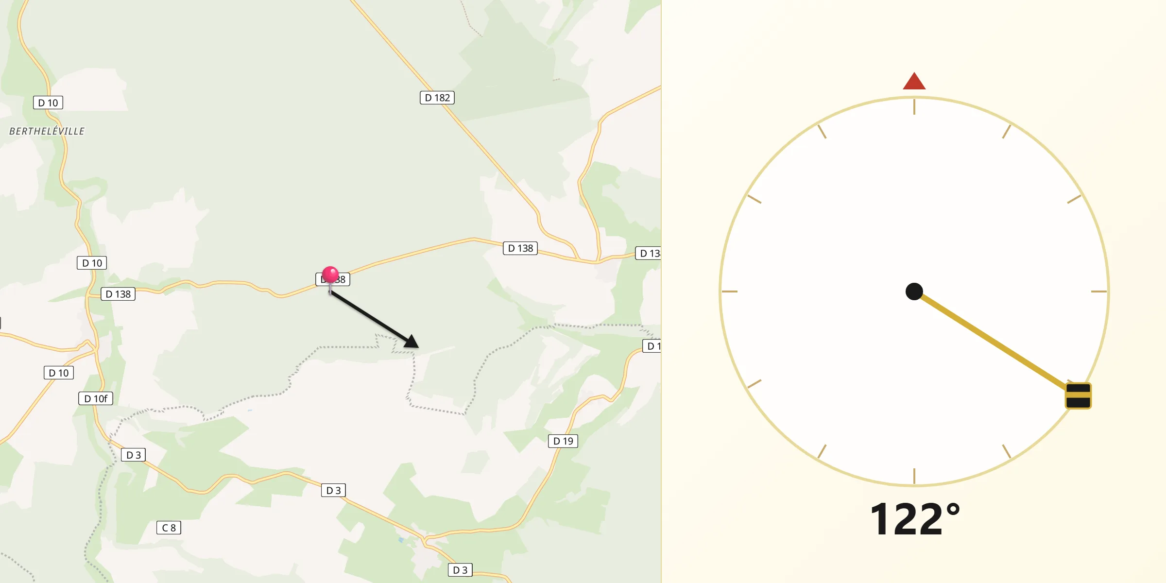 Direction vers la Qibla depuis Vaudeville-le-Haut