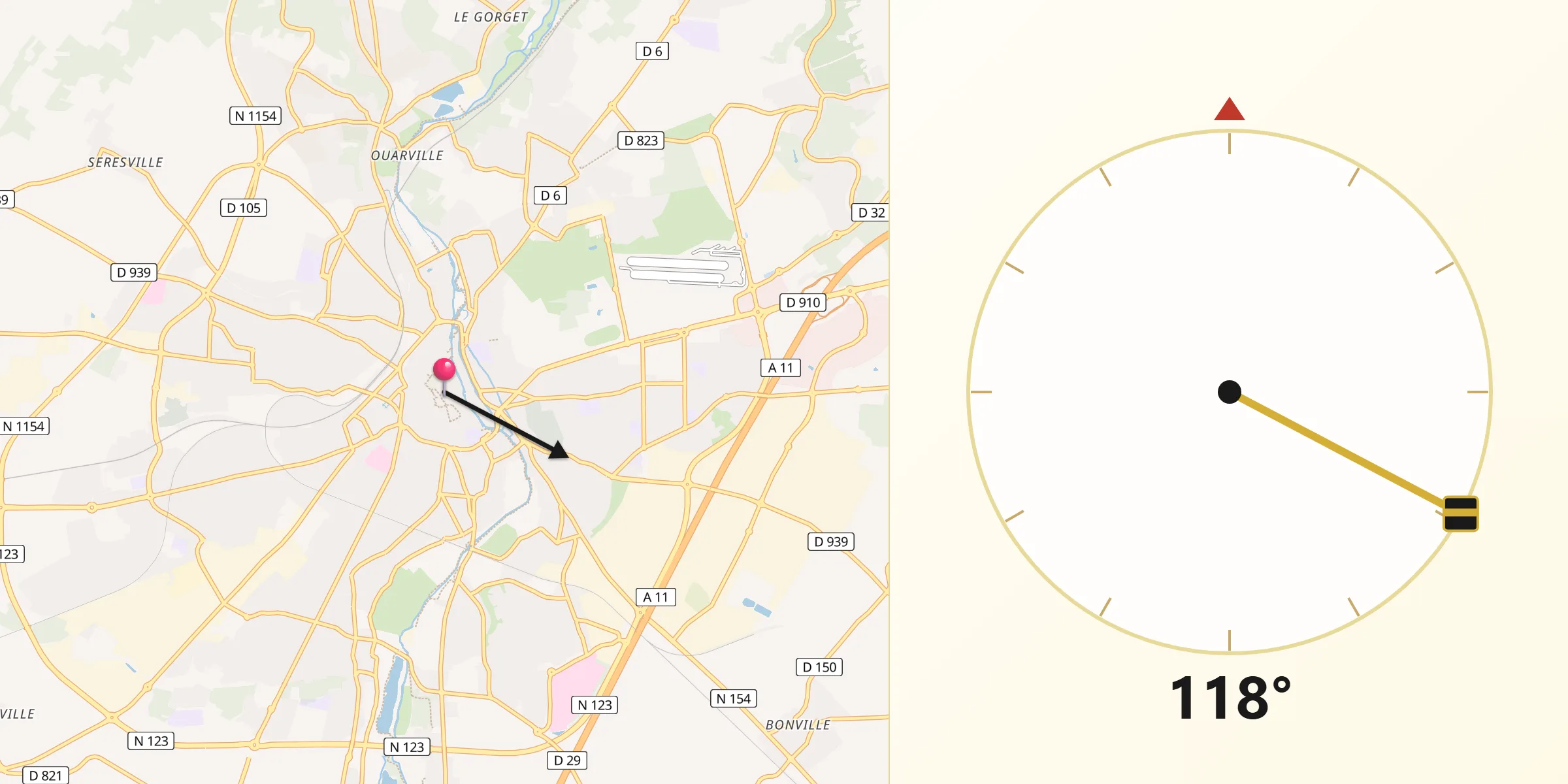 Direction vers la Qibla depuis Chartres
