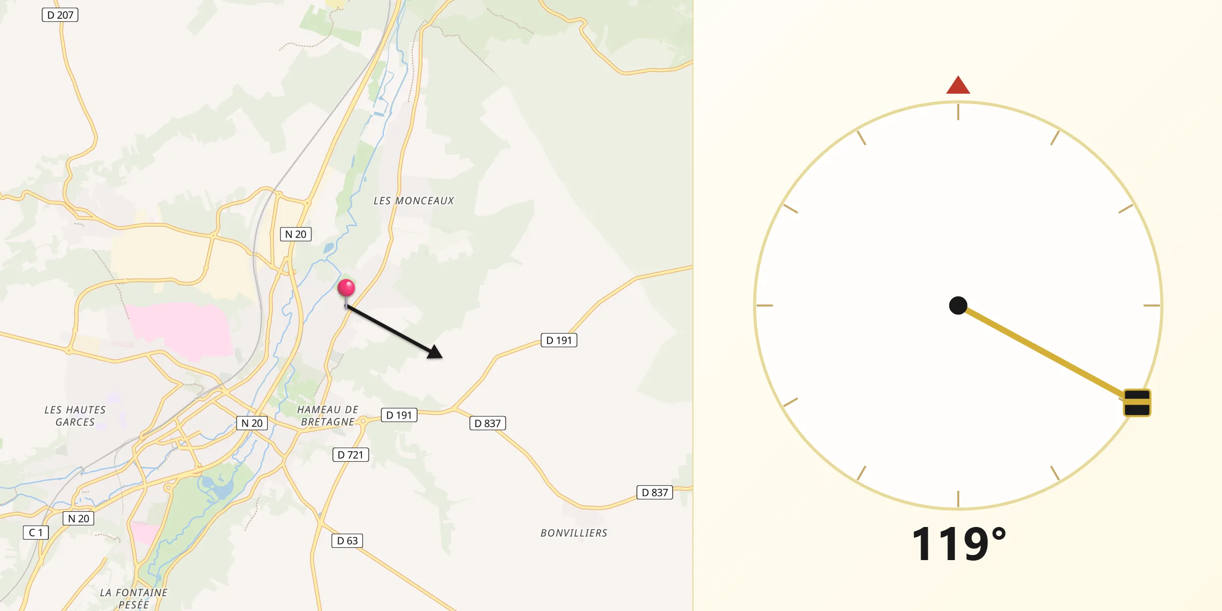 Direction vers la Qibla depuis Morigny-Champigny