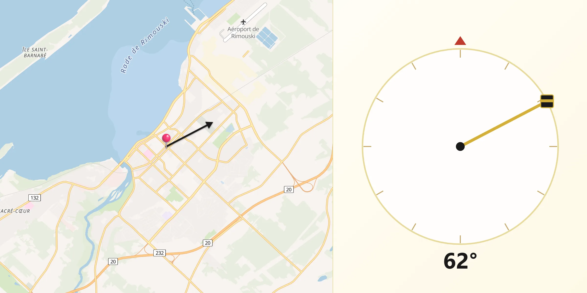 Qibla Direction from Rimouski