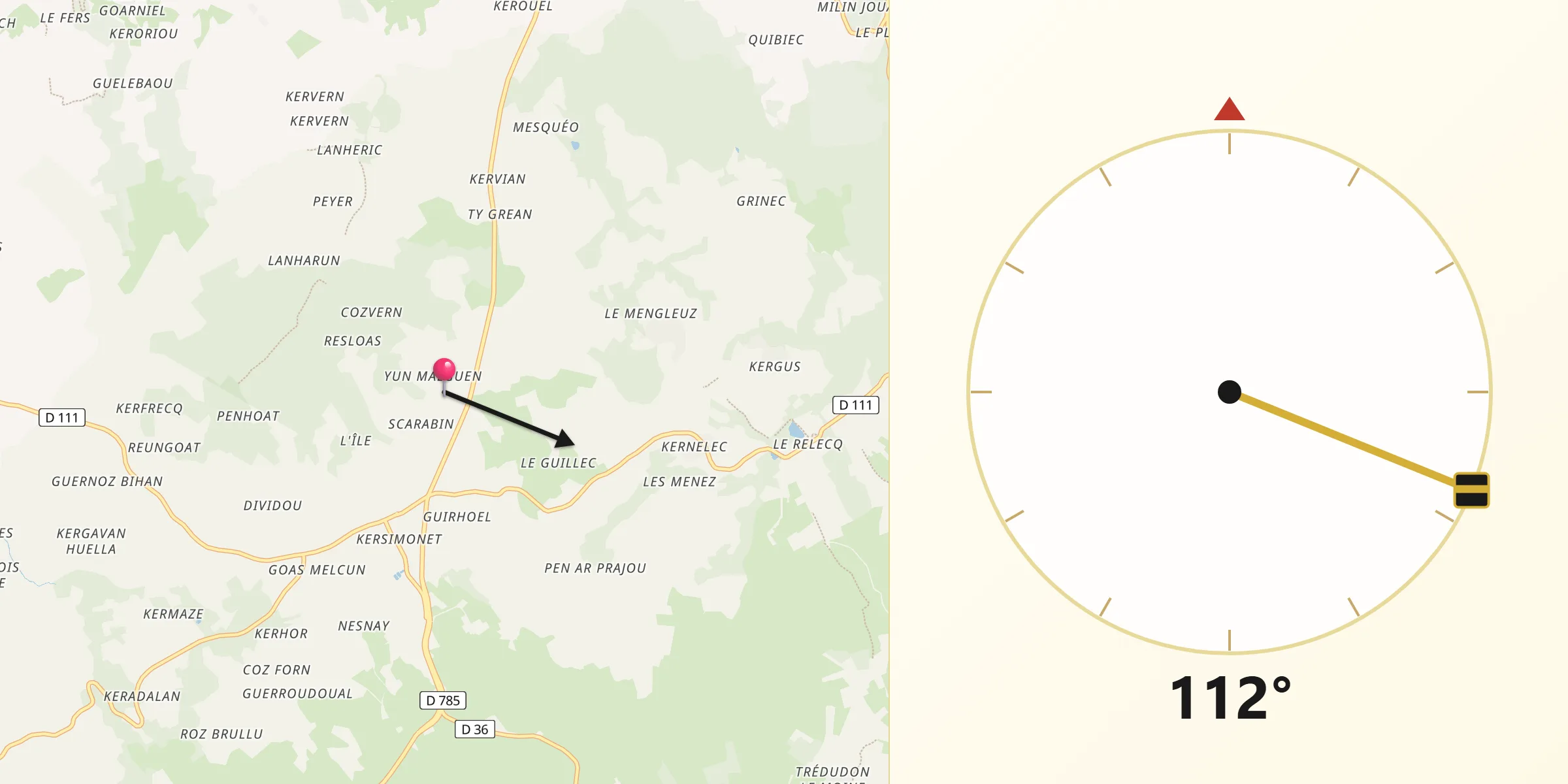 Direction vers la Qibla depuis Plounéour-Ménez