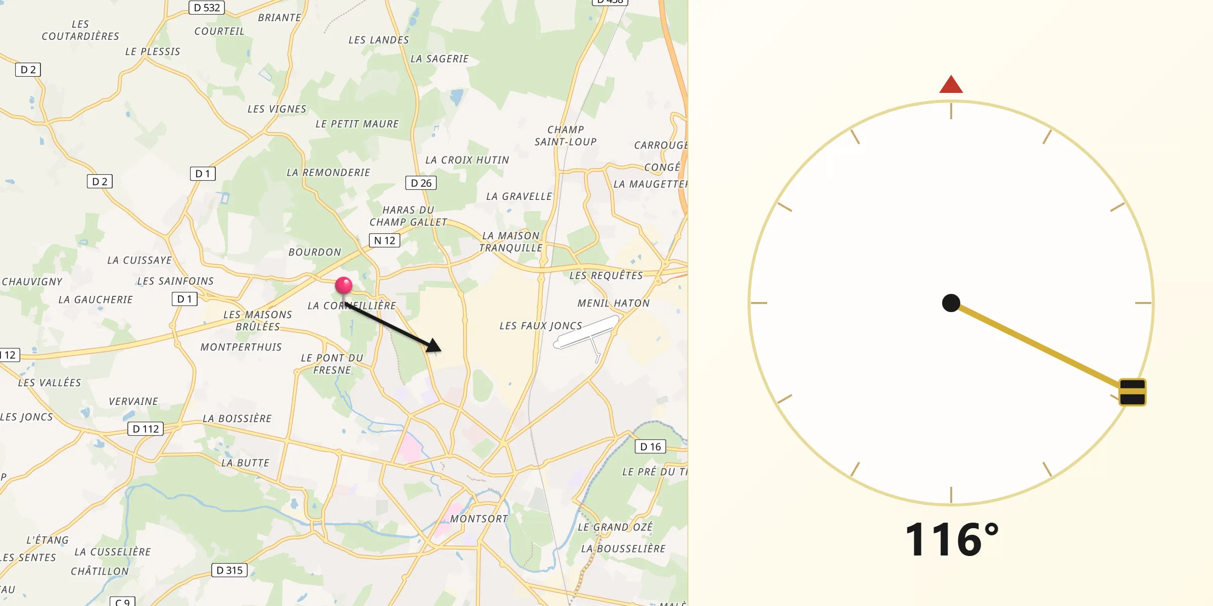 Direction vers la Qibla depuis Damigny