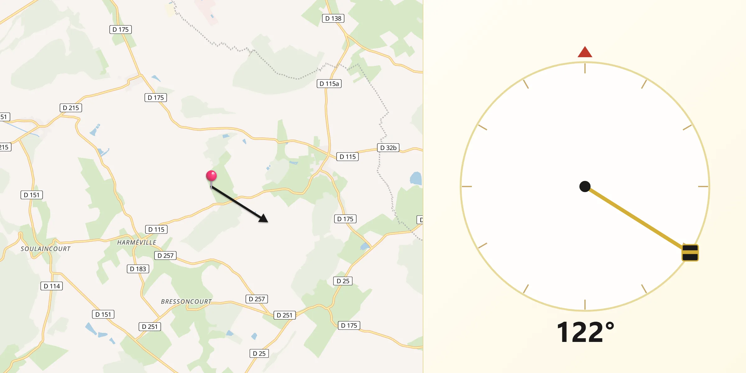 Direction vers la Qibla depuis Cirfontaines-en-Ornois