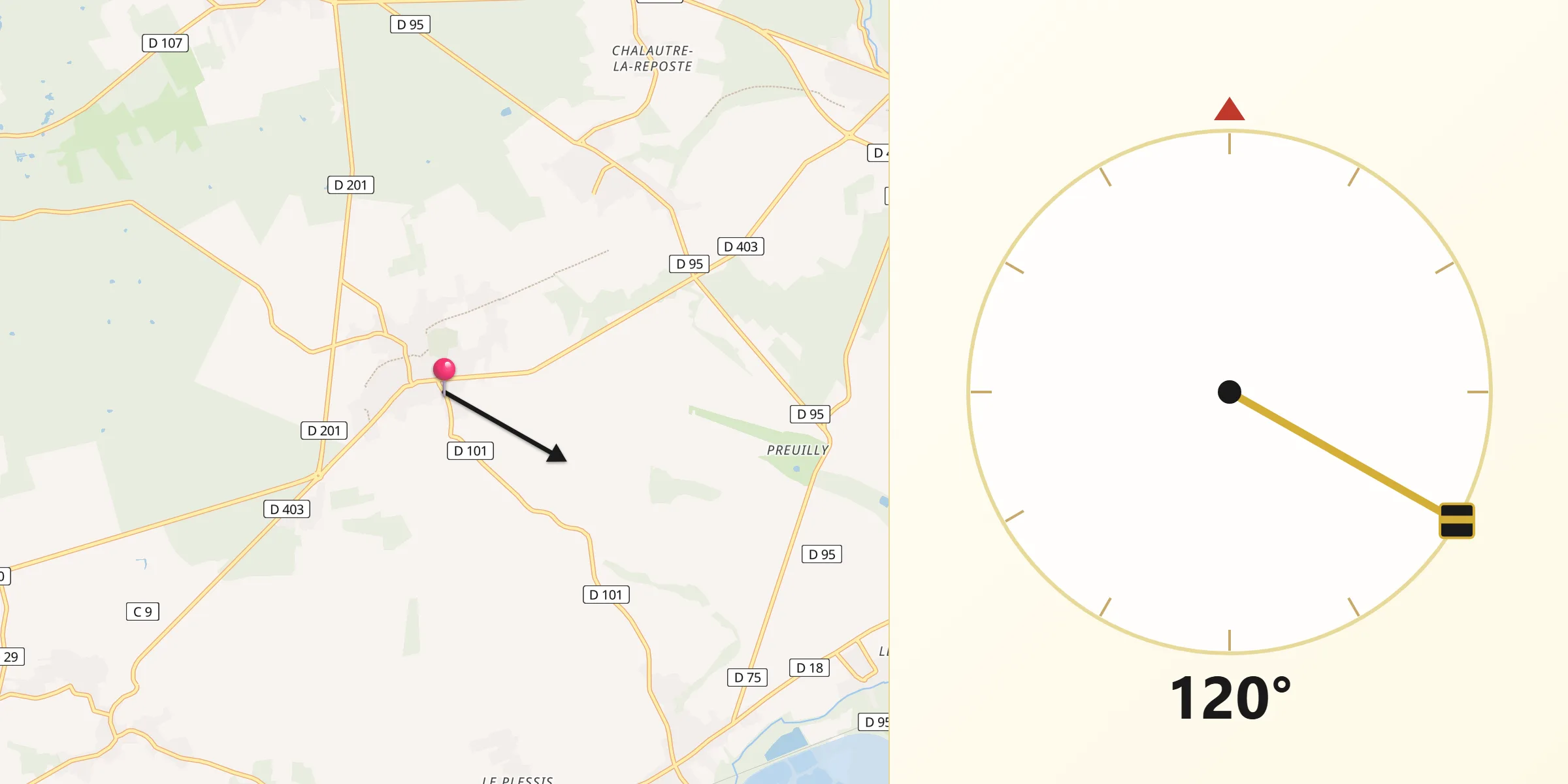 Direction vers la Qibla depuis Montigny-Lencoup