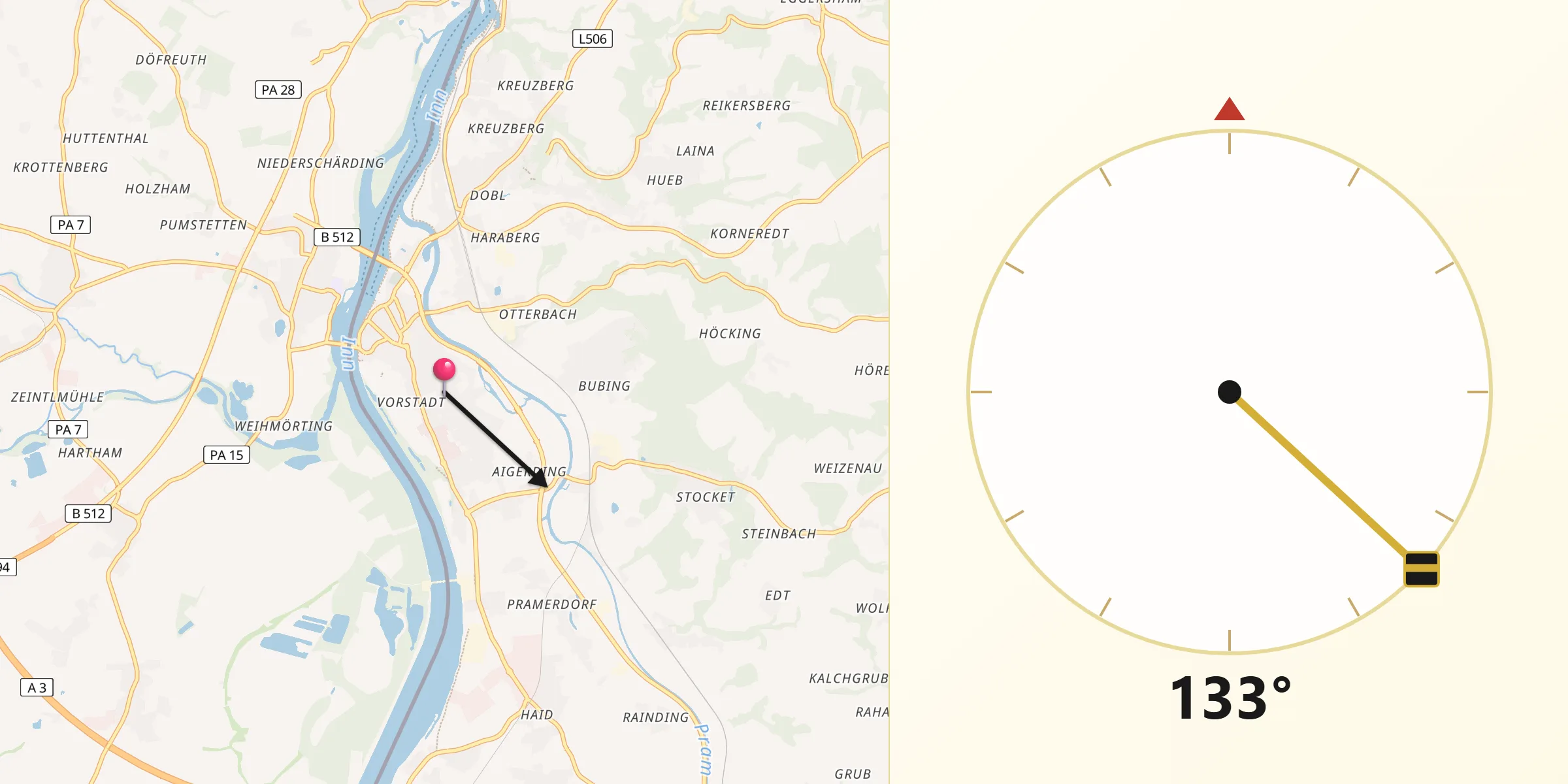 Qibla-Richtung von Schärding Vorstadt