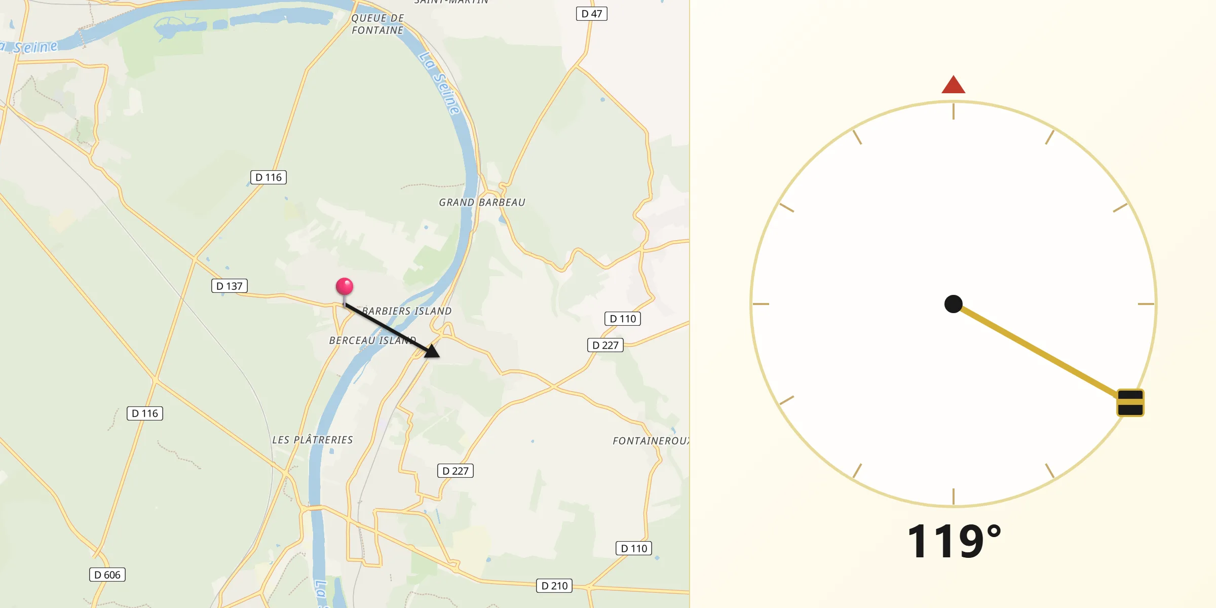 Direction vers la Qibla depuis Samois-sur-Seine