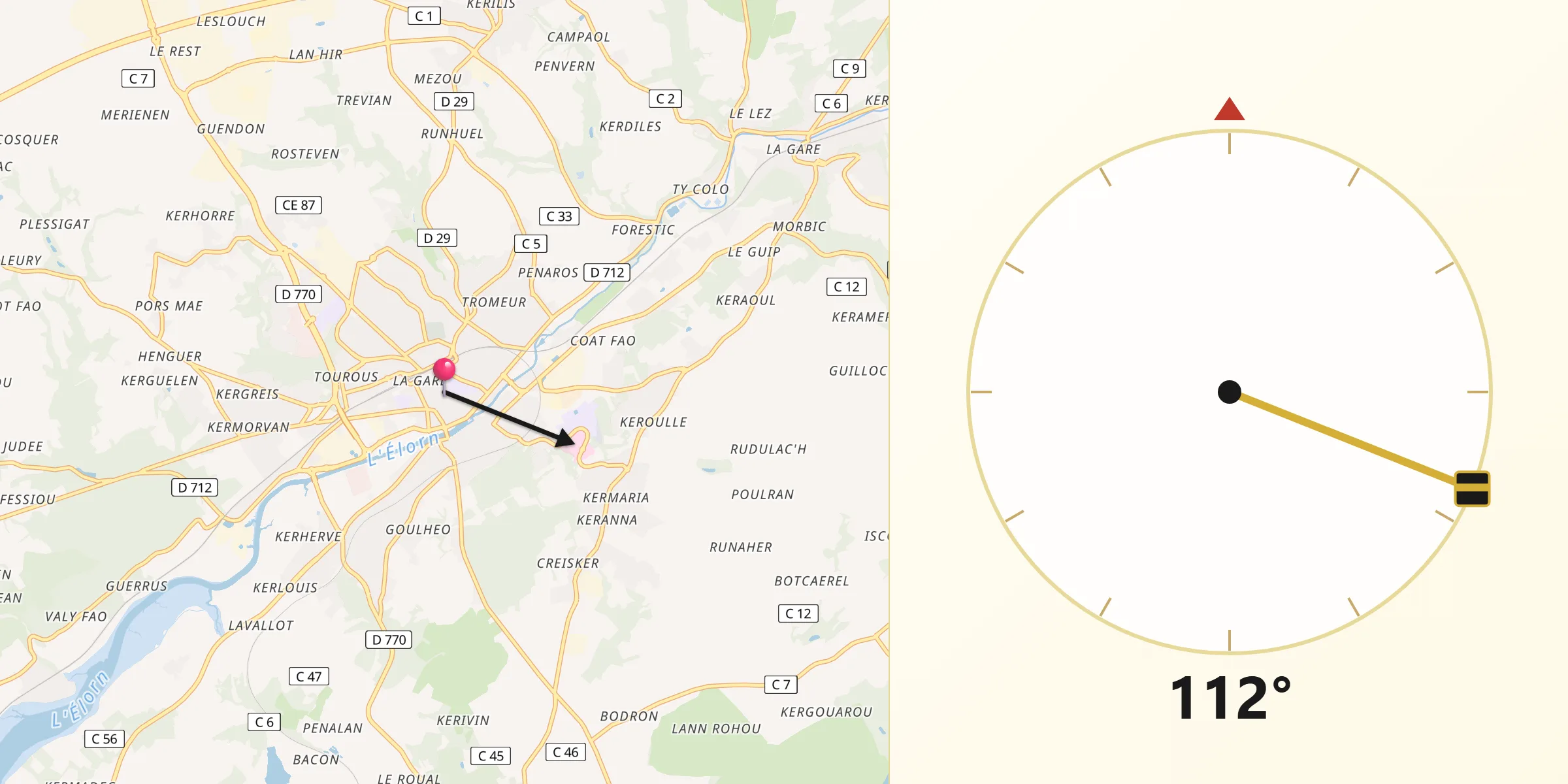 Direction vers la Qibla depuis Landerneau
