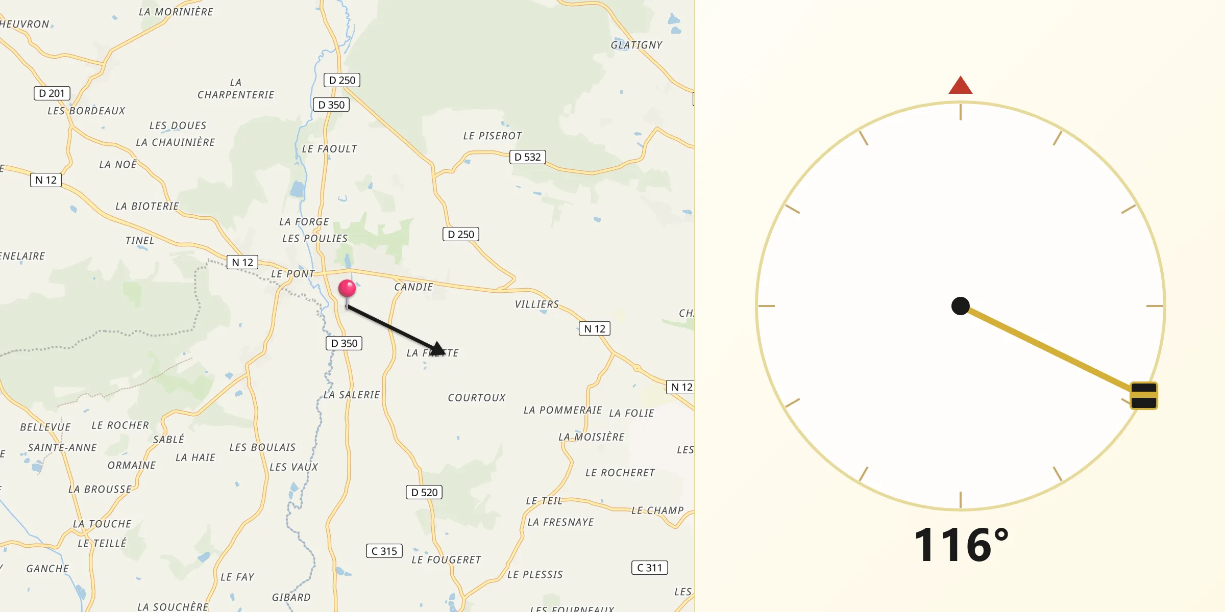 Direction vers la Qibla depuis Saint-Denis-sur-Sarthon