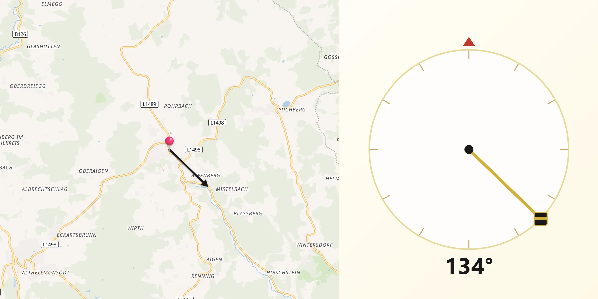 Qibla-Richtung von Reichenau im Mühlkreis