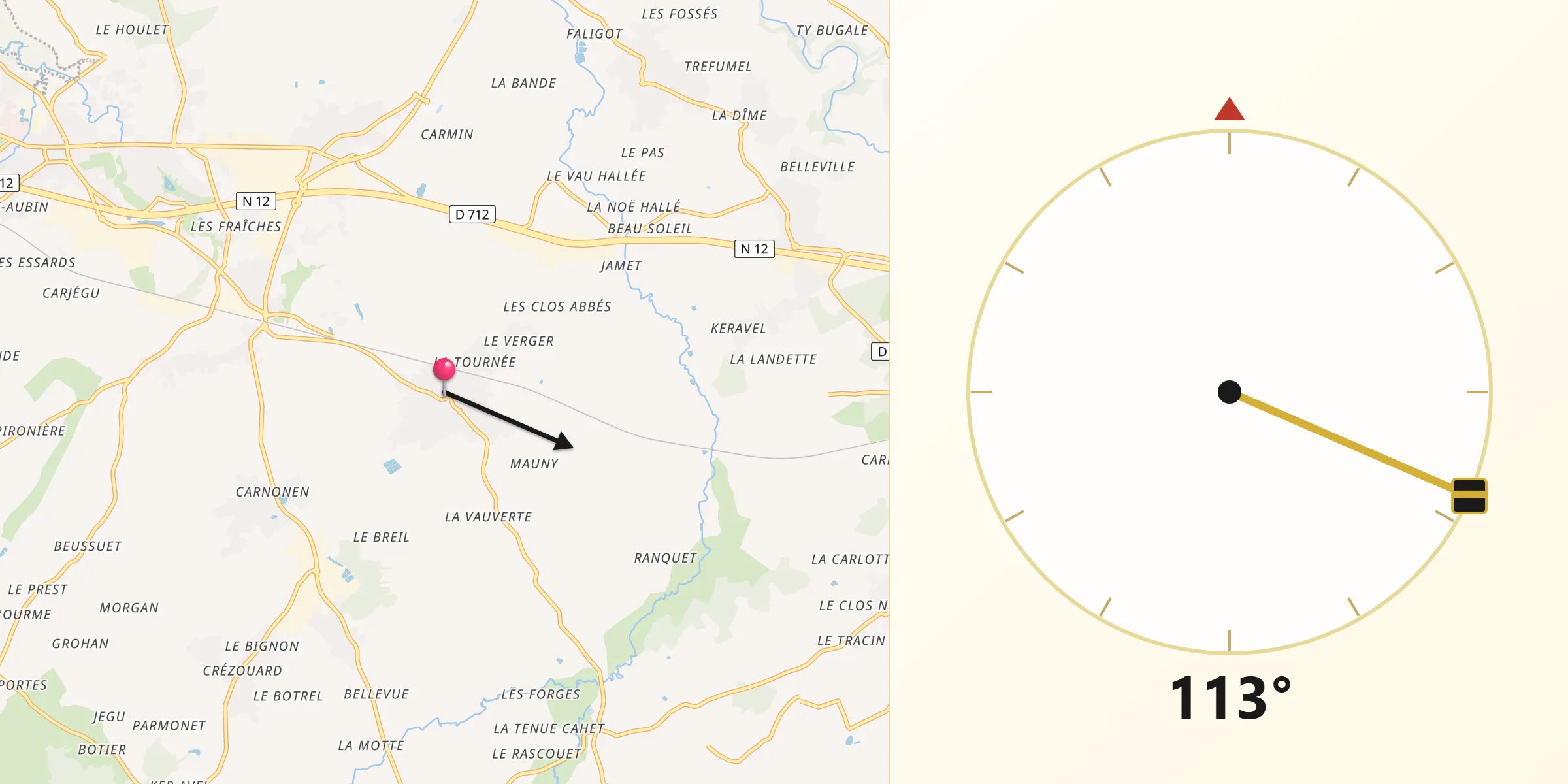 Direction vers la Qibla depuis Pommeret