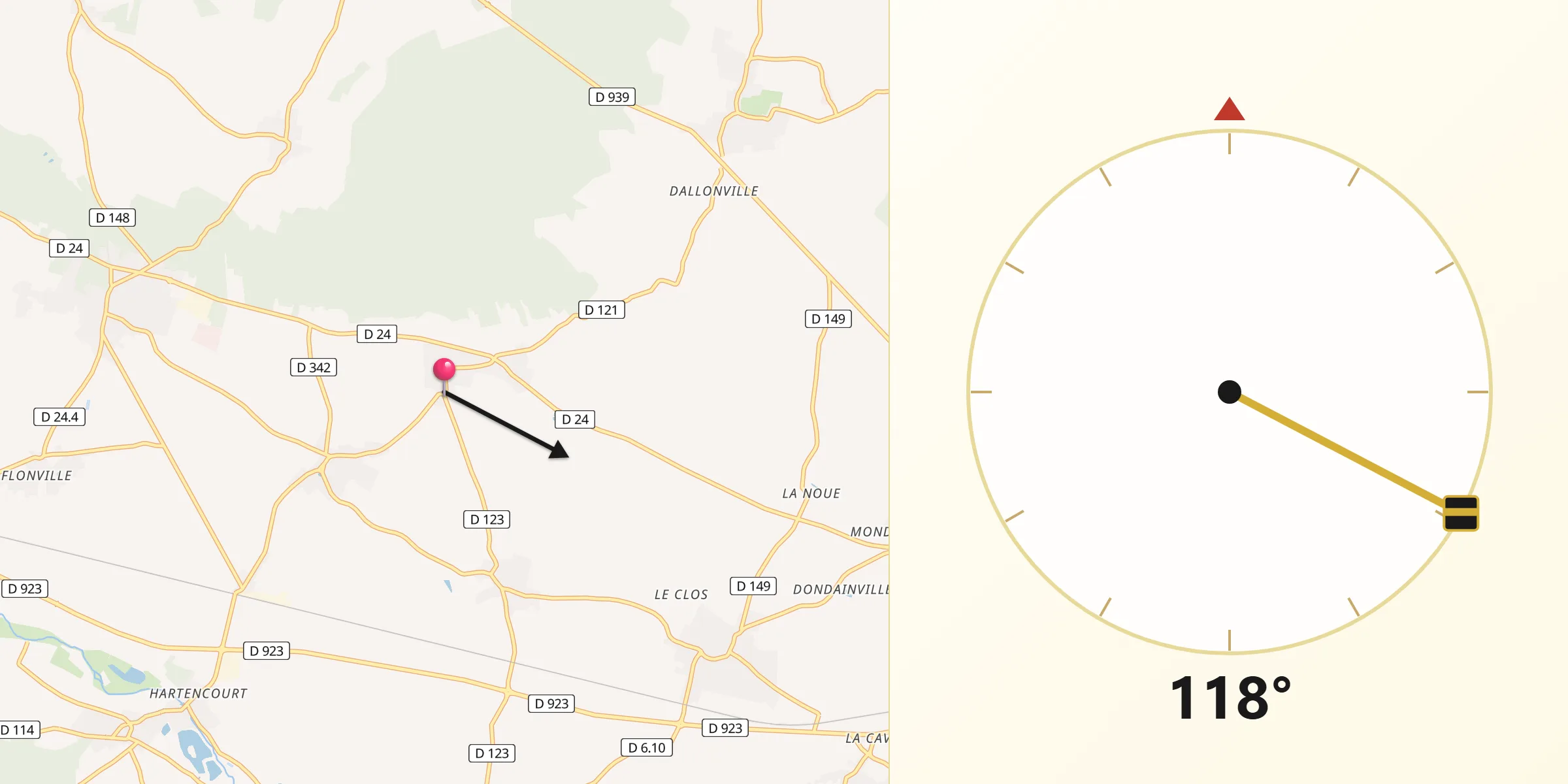Direction vers la Qibla depuis Saint-Aubin-des-Bois
