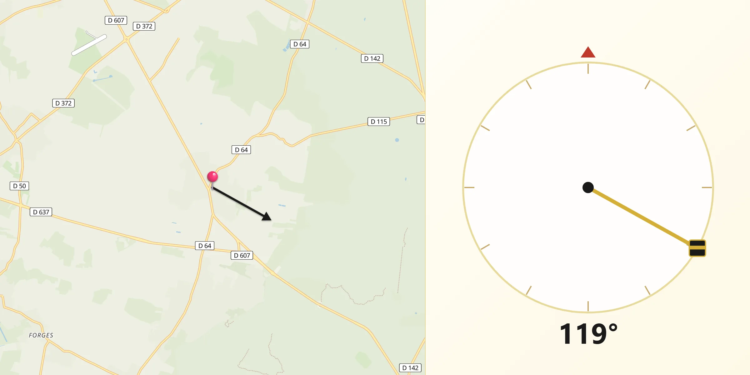 Direction vers la Qibla depuis Chailly-en-Bière