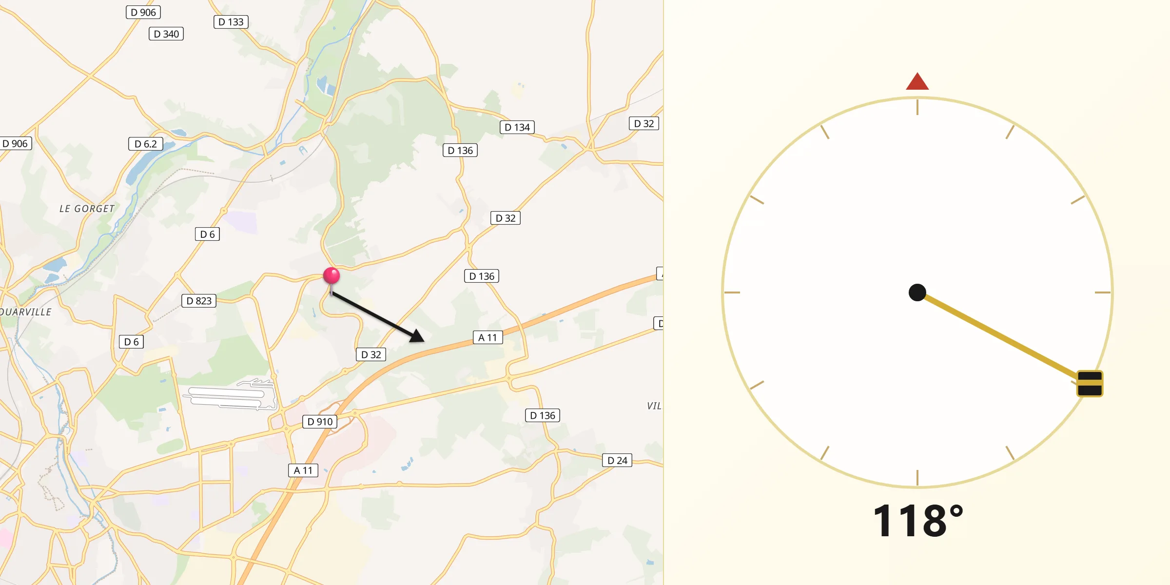 Direction vers la Qibla depuis Gasville-Oisème
