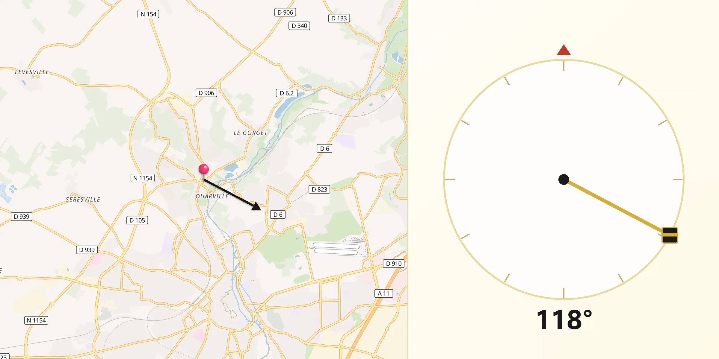 Direction vers la Qibla depuis Lèves