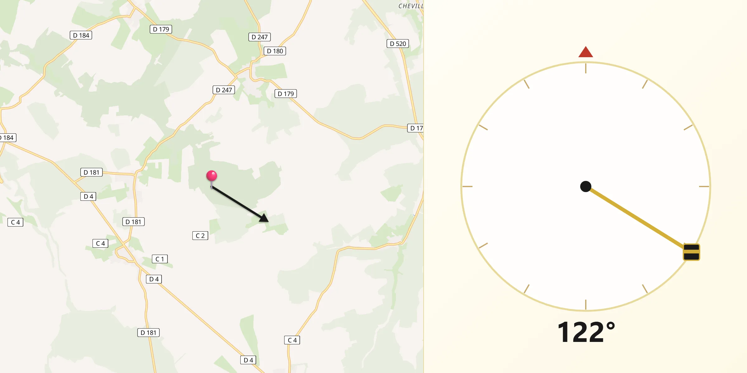 Direction vers la Qibla depuis Chatonrupt-Sommermont