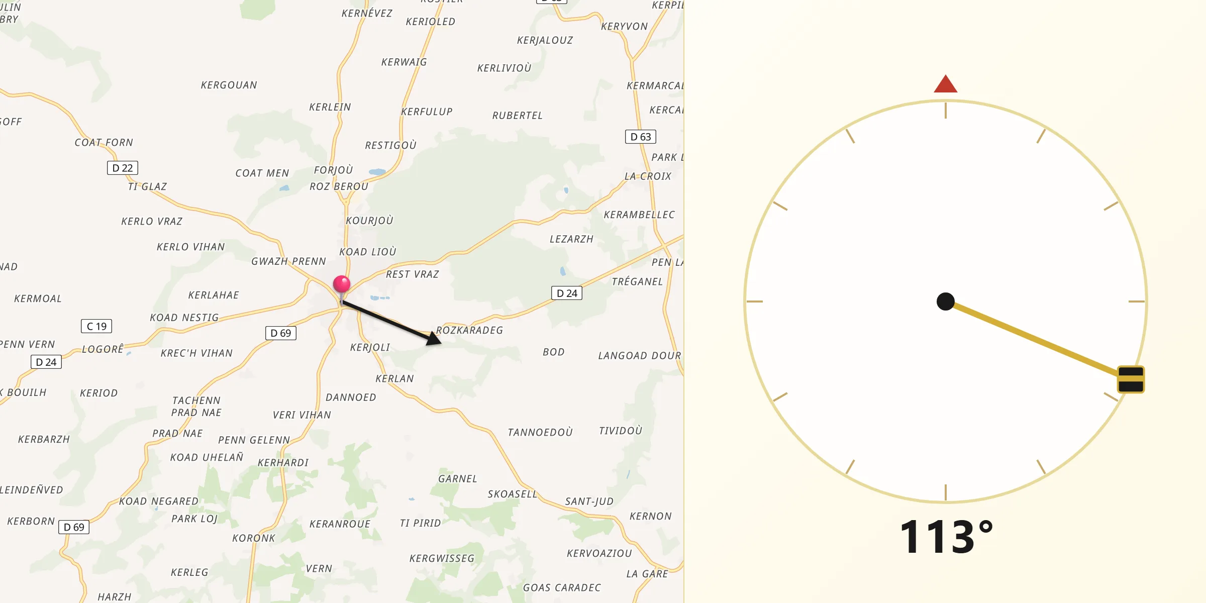 Direction vers la Qibla depuis Bourbriac