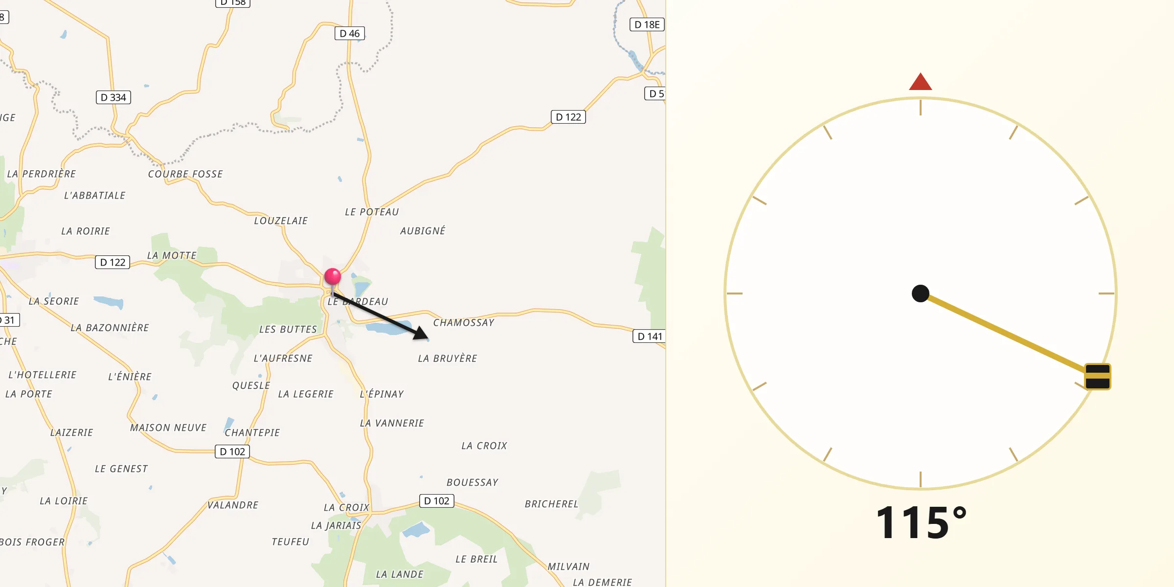 Direction vers la Qibla depuis Fougerolles-du-Plessis